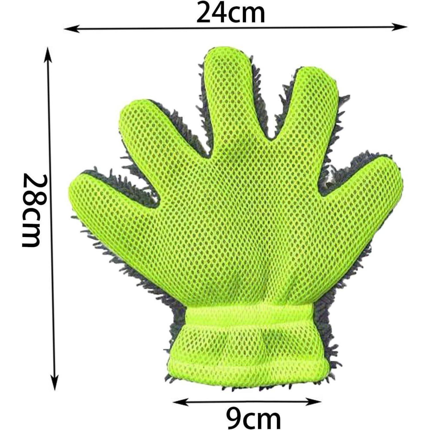 Grüner Netzstoff-Reinigungshandschuh mit fünf Fingern, gezeigt mit Größenbezeichnungen: 28 cm Höhe, 24 cm Breite, 9 cm Bündchen.