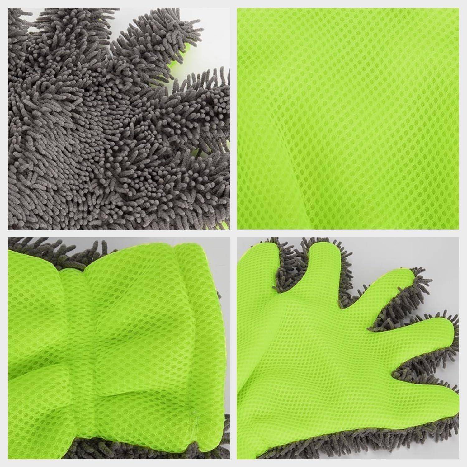Collage mit einem grauen Chenille-Mikrofaser-Reinigungshandschuh mit leuchtend neongrüner Netzseite, flach ausgebreitet, gefaltet und an einer Hand getragen dargestellt.