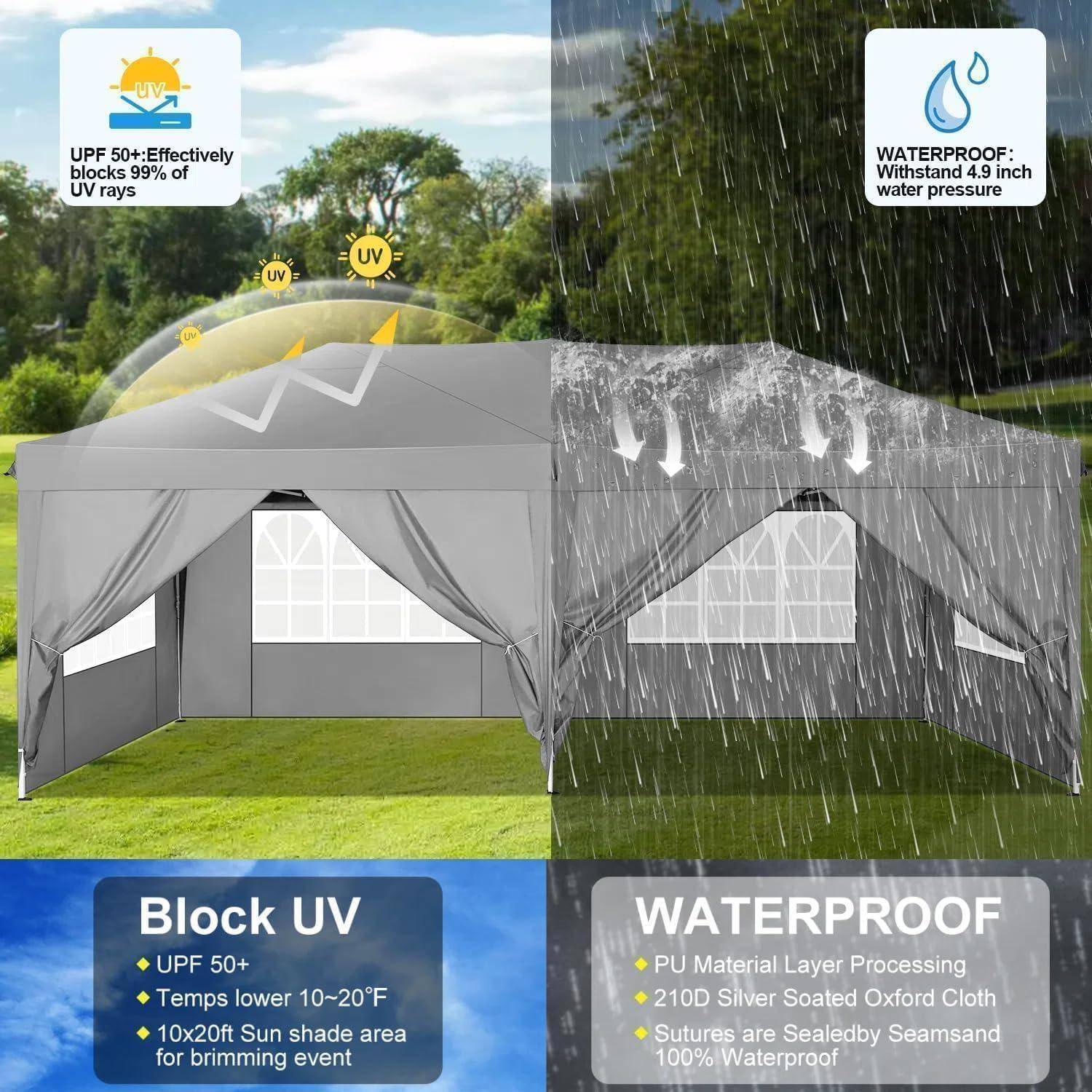 Werbegrafik eines grauen Pop-Up-Pavillon-Zeltes mit UV-Schutz und Wasserdichtheit: "UV-Blocker"" mit UPF 50+ und Temperaturreduzierung und ""WASSERDICHT"" mit einer Wasserdruck-Bewertung von 4,9 Zoll.
