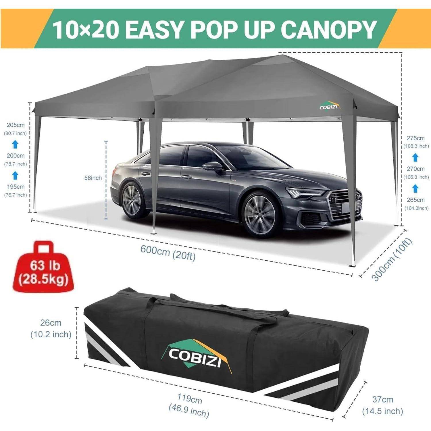 Produktbild eines '10×20 EASY POP UP CANOPY' mit einem grauen Zelt über einem Auto, mit Abmessungen, 63 lb (28,5 kg) Gewicht und Transporttasche zur Lagerung und zum Transport.