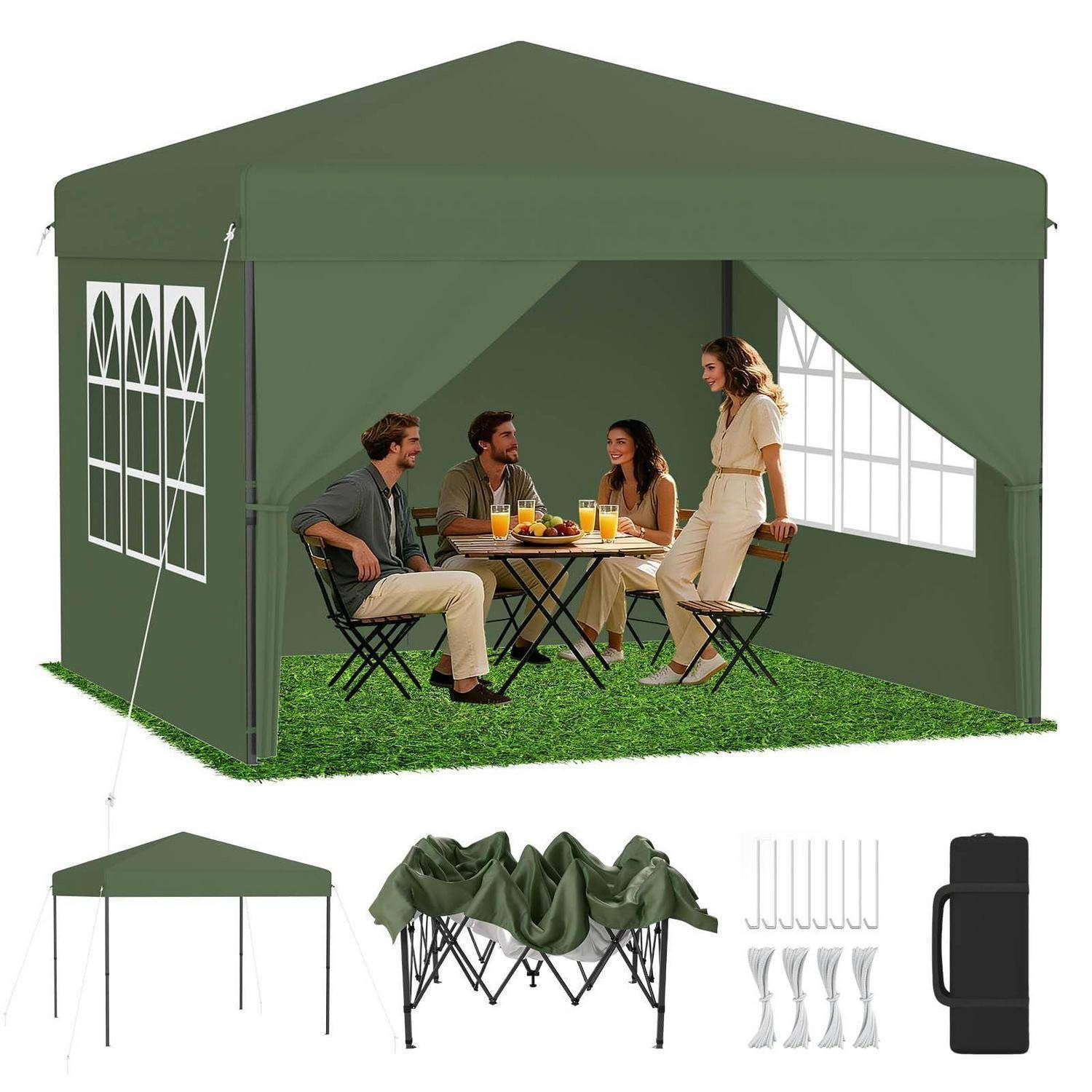 Grünes Pop-Up-Pavillon-Zelt mit Seitenwänden und Fenstern, gezeigt mit vier Personen, die an einem Tisch im Inneren sitzen; kleinere Bilder unten zeigen Aufbau, zusammengeklapptes Gestell, Heringe und Tragetasche.