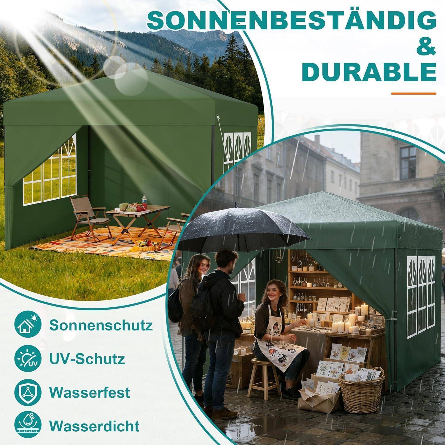 Werbebild eines grünen Outdoor-Pavillonzelts für Sonne und Regen, mit der Bezeichnung "SONNENBESTÄNDIG & LANGLEBIG"" und ""Sonnenschutz, UV-Schutz, Wasserfest, Wasserdicht"".