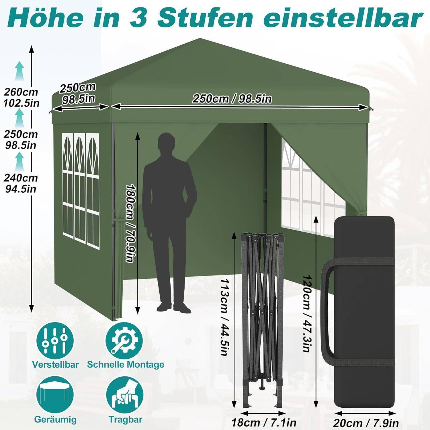 Grünes Pop-Up-Pavillon-Zelt mit verstellbarer Höhe in 3 Schritten; Abmessungen sind gekennzeichnet, einschließlich 250 cm Breite und Höhen bis zu 260 cm, plus Symbole für verstellbar, einfache Montage, geräumig und tragbar.