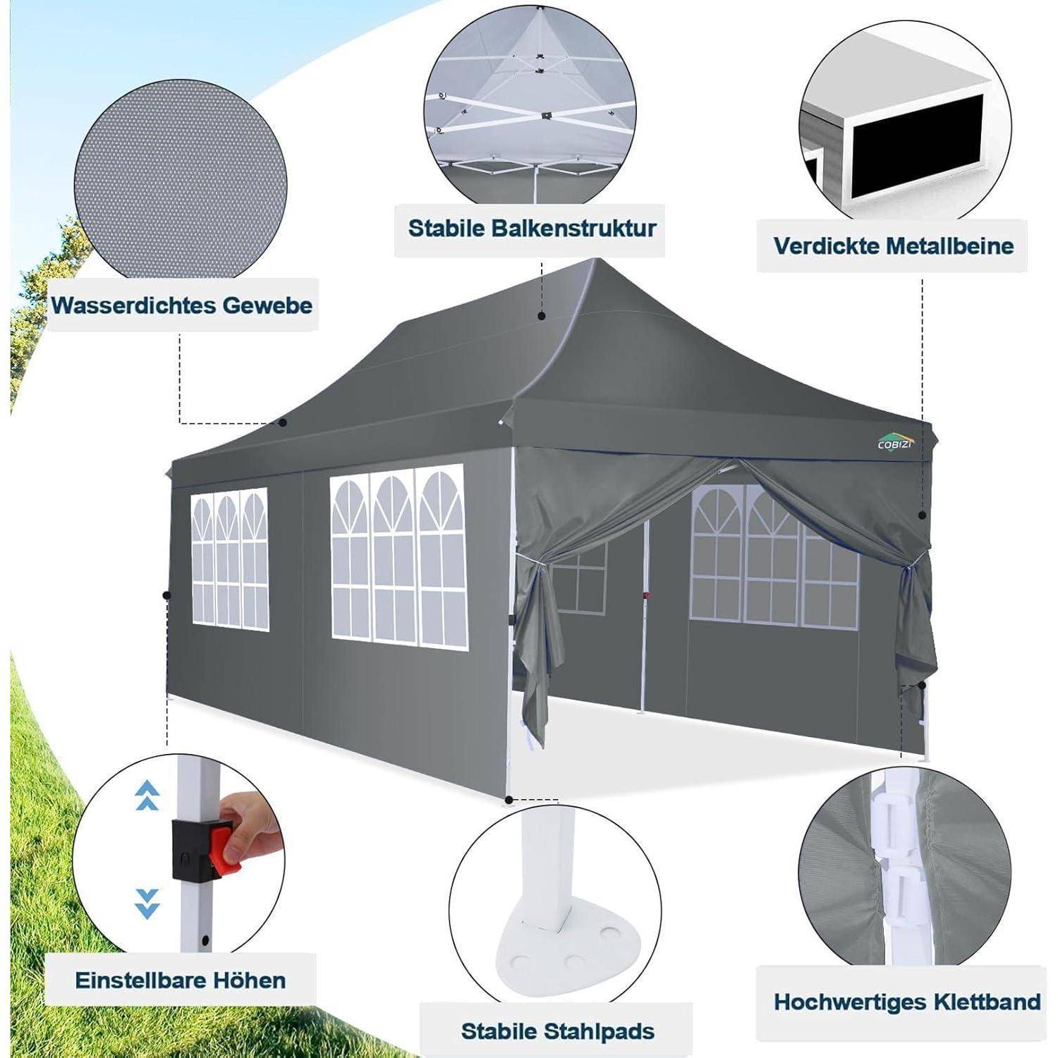 Illustration eines grauen Popup-Baldachins mit gekennzeichneten Merkmalen: wasserdichtes Gewebe, stabiler Rahmen, verstärkte Metallbeine, verstellbare Höhe, Stahlkultunterlagen und hochwertige Klettverschlüsse.