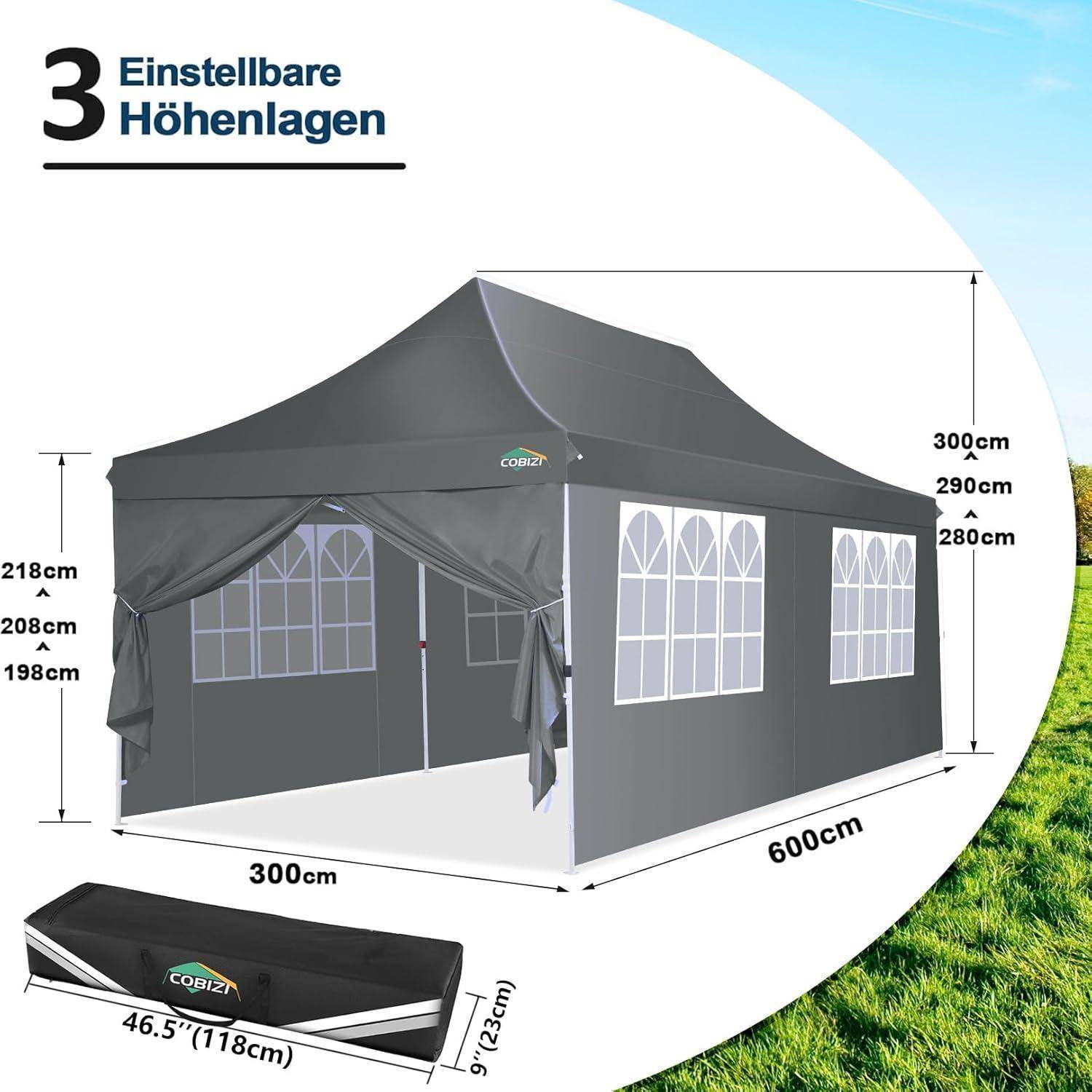 Diagramm eines schwarzen Pop-up-Markisenzelt mit 3 verstellbaren Höhen, Größe 300 x 600 cm und gepackten Abmessungen 118 x 23 cm.