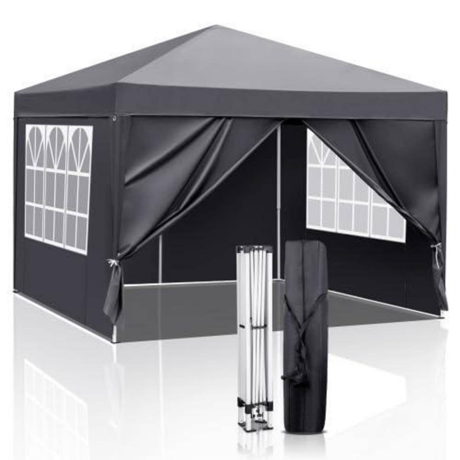 Schwarzes Pop-up-Pavillon-Zelt mit Dachzelt, Seitenfensterpaneele und vorne offene Vorhänge; gefalteter Rahmen und Tragetasche vorne gezeigt.