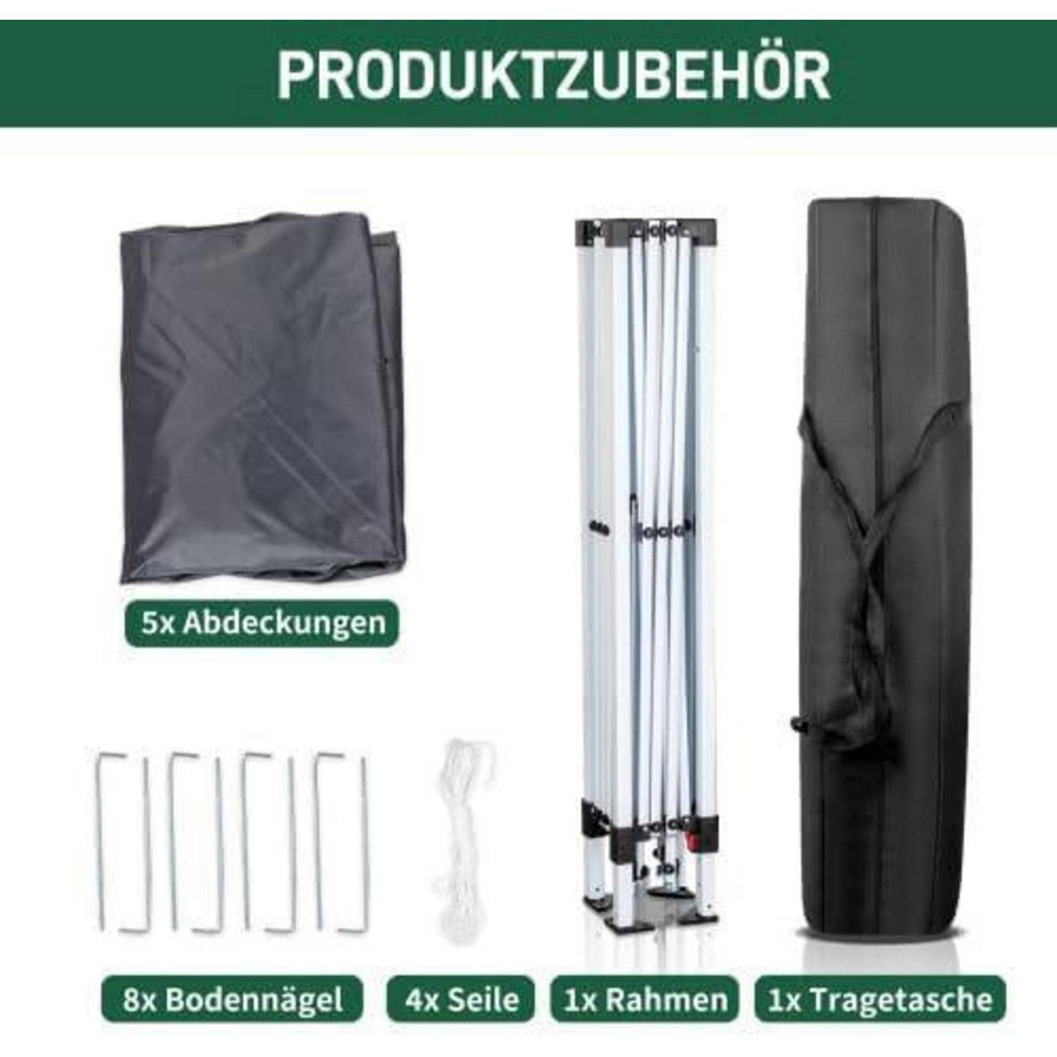 Produktzubehör mit Beschriftungen: 5 Abdeckungen, 8 Erdstifte, 4 Seile, 1 Rahmen und 1 Tragetasche.