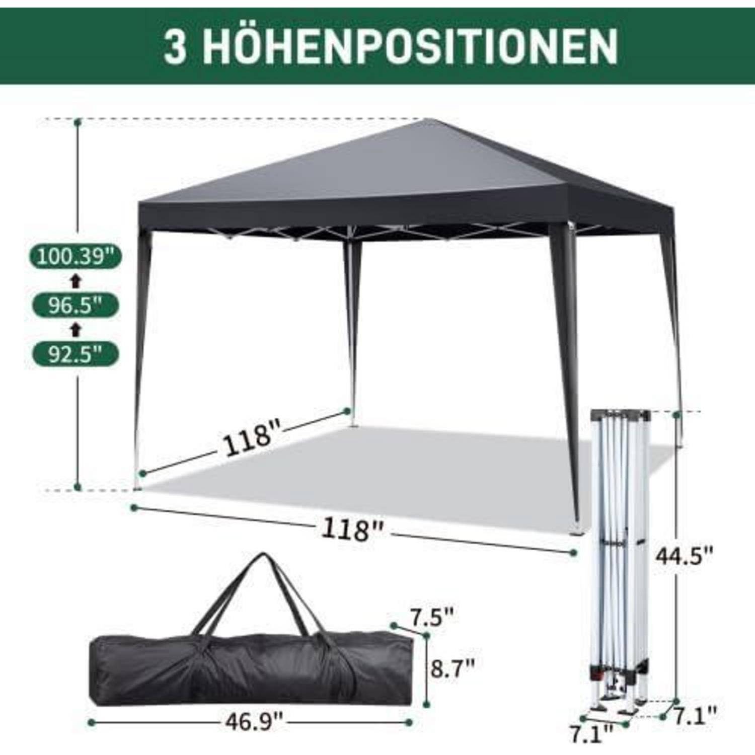 Abbildung eines Popup-Baldachins mit drei Höheneinstellungen, beschriftet mit 100,39, 96,5 und 92,5 Zoll; Grundfläche 118 x 118 Zoll; Tragetasche mit einer Länge von 46,9 Zoll dargestellt.