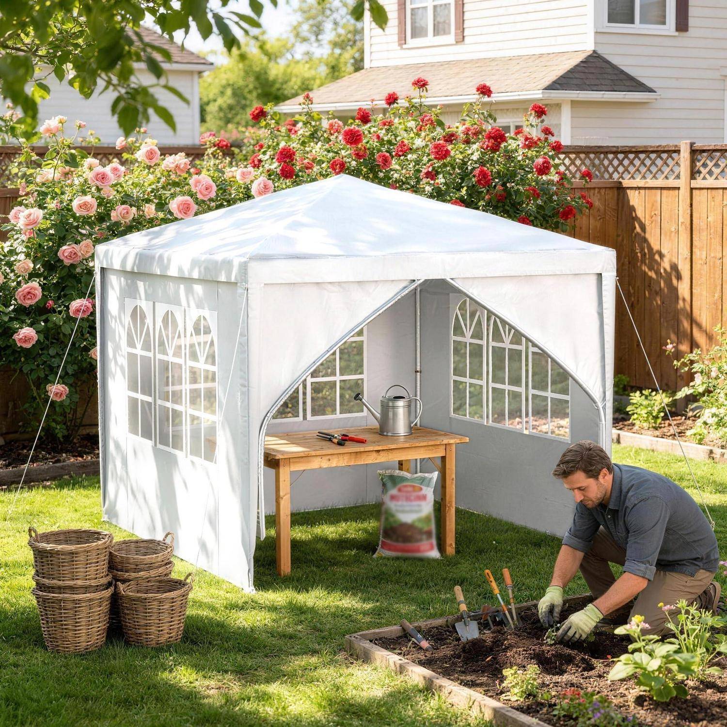 Ein Mann arbeitet im Garten neben einem weißen Pavillonzelt im Hinterhof, mit einem Arbeitstisch, Körben und Rosenblüten hinter ihm.