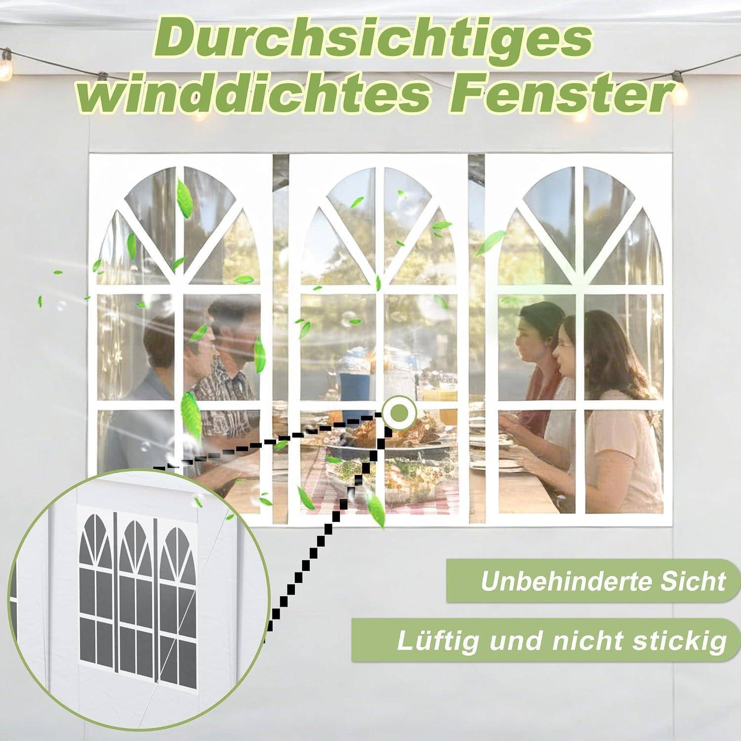 Anzeige für ein transparentes winddichtes Fenstersieb, das Menschen zeigt, die durch ein gewölbtes Fenster zu sehen sind, mit dem Text „Durchsichtiges winddichtes Fenster