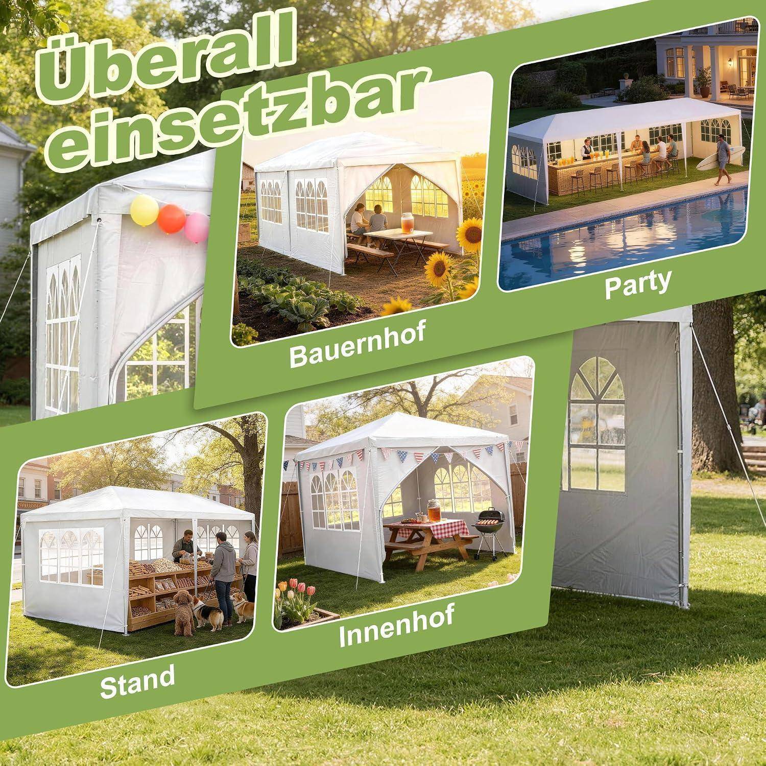 Werbebild eines weißen Pop-Up-Pavillons, das vier Verwendungsmöglichkeiten zeigt: Gartenstand, Bauernhaus, Innenhof und Poolside-Party.