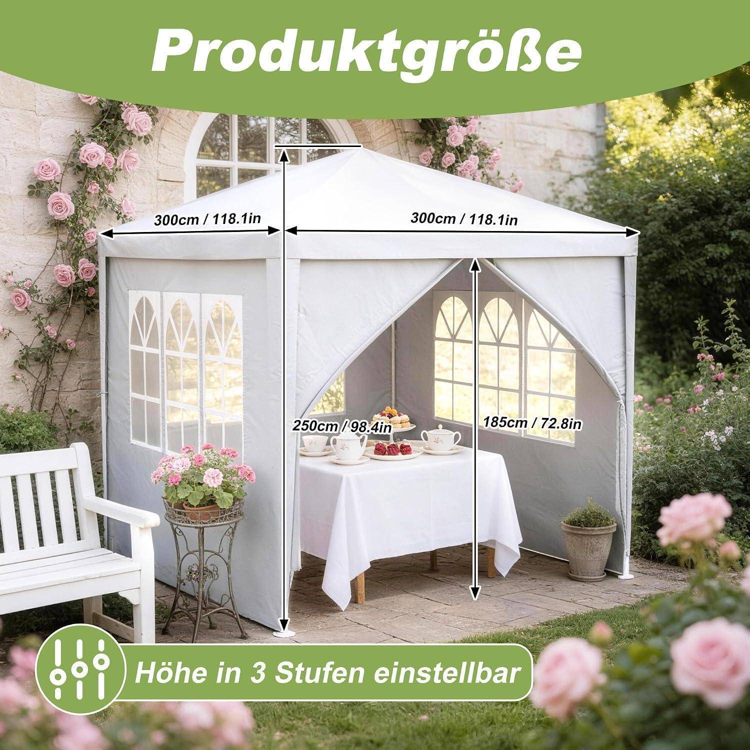 Gartenpavillon-Zelt Produktgrößendiagramm mit einer Grundfläche von 300 cm x 300 cm, einer Mittelhöhe von 250 cm, einer Seitenhöhe von 185 cm und verstellbarer Höhe in 3 Stufen.