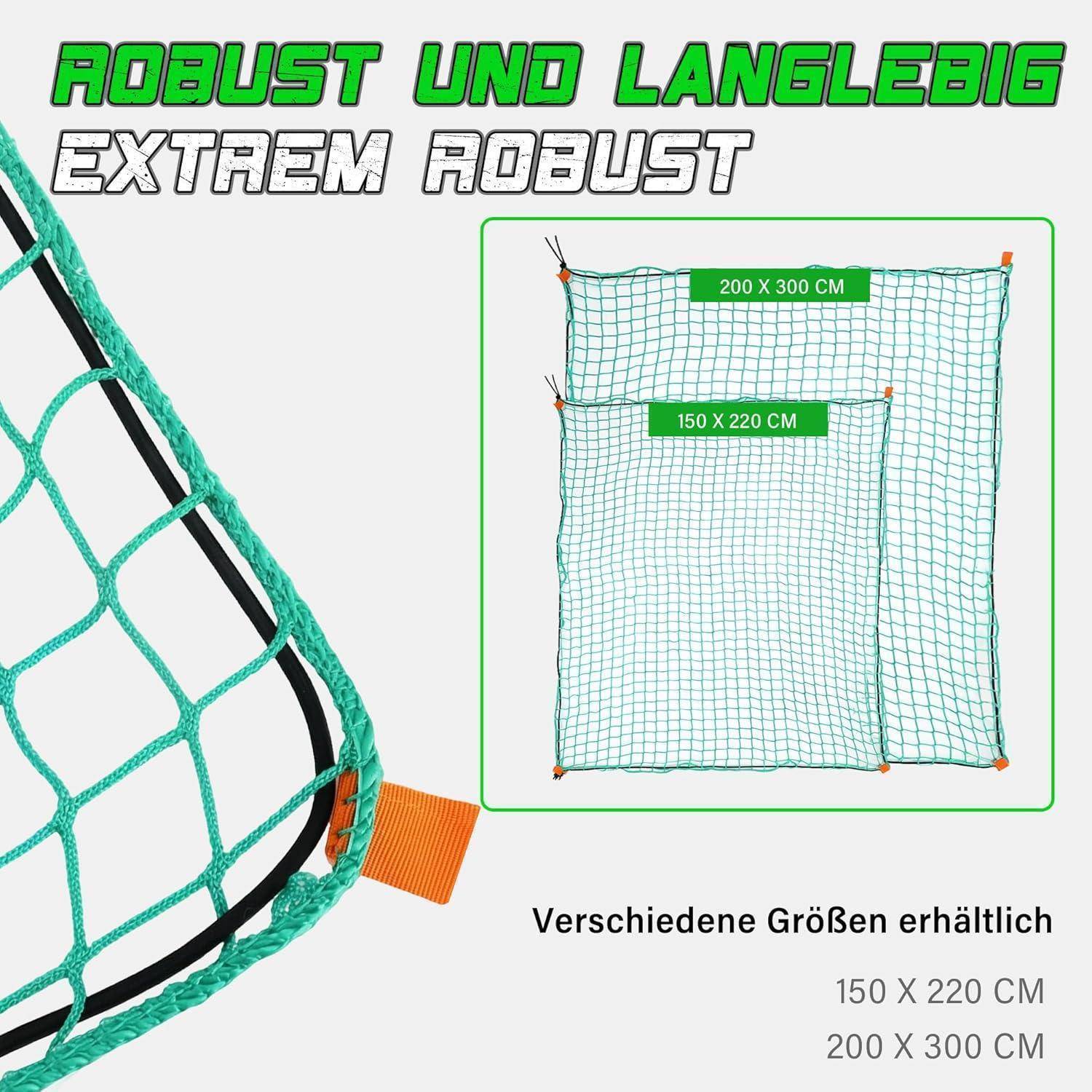 Produktbild eines langlebigen grünen Ladenetzes mit deutschem Text „ROBUST UND LANGLEBIG", gezeigt in den Größen 150 x 220 cm und 200 x 300 cm.
