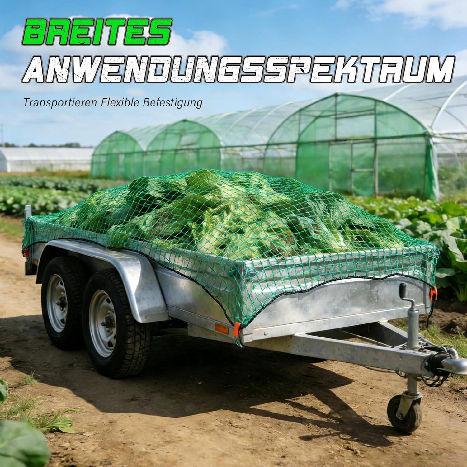 Anhänger beladen mit grünem Hofprodukt, gesichert durch Netzgewebe in einem Gewächshausfeld, gekennzeichnet mit „BREITES ANWENDUNGSSPEKTRUM" und „Transportieren Flexible Befestigung"".