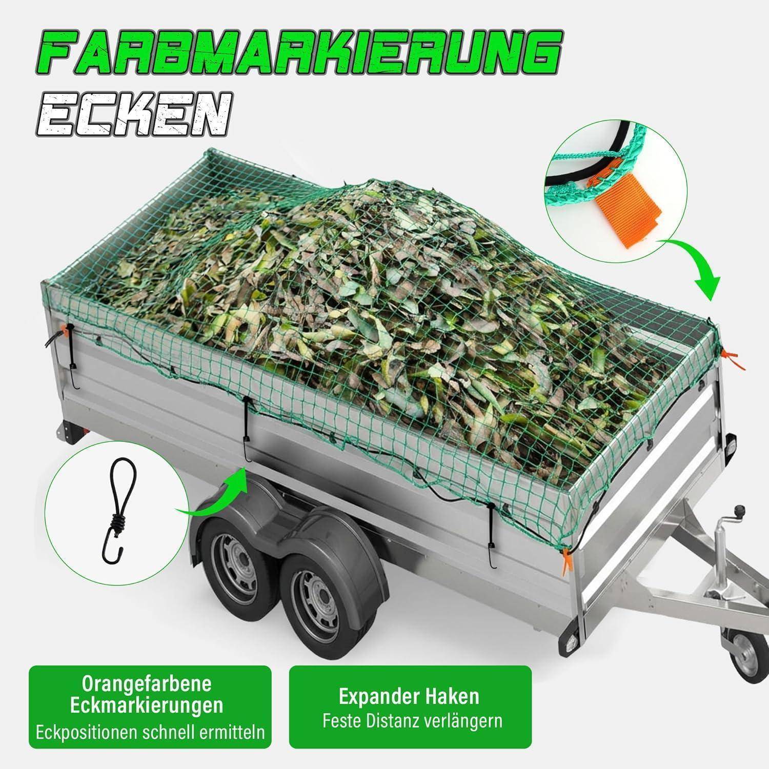 Deutsches Inserat, das einen Anhänger zeigt, der mit einem grünen Ladungsnetz und orangefarbenen Eckenmarkierungen abgedeckt ist, beschriftet mit „Farbmarkierung Ecken" und „Expander Haken"".