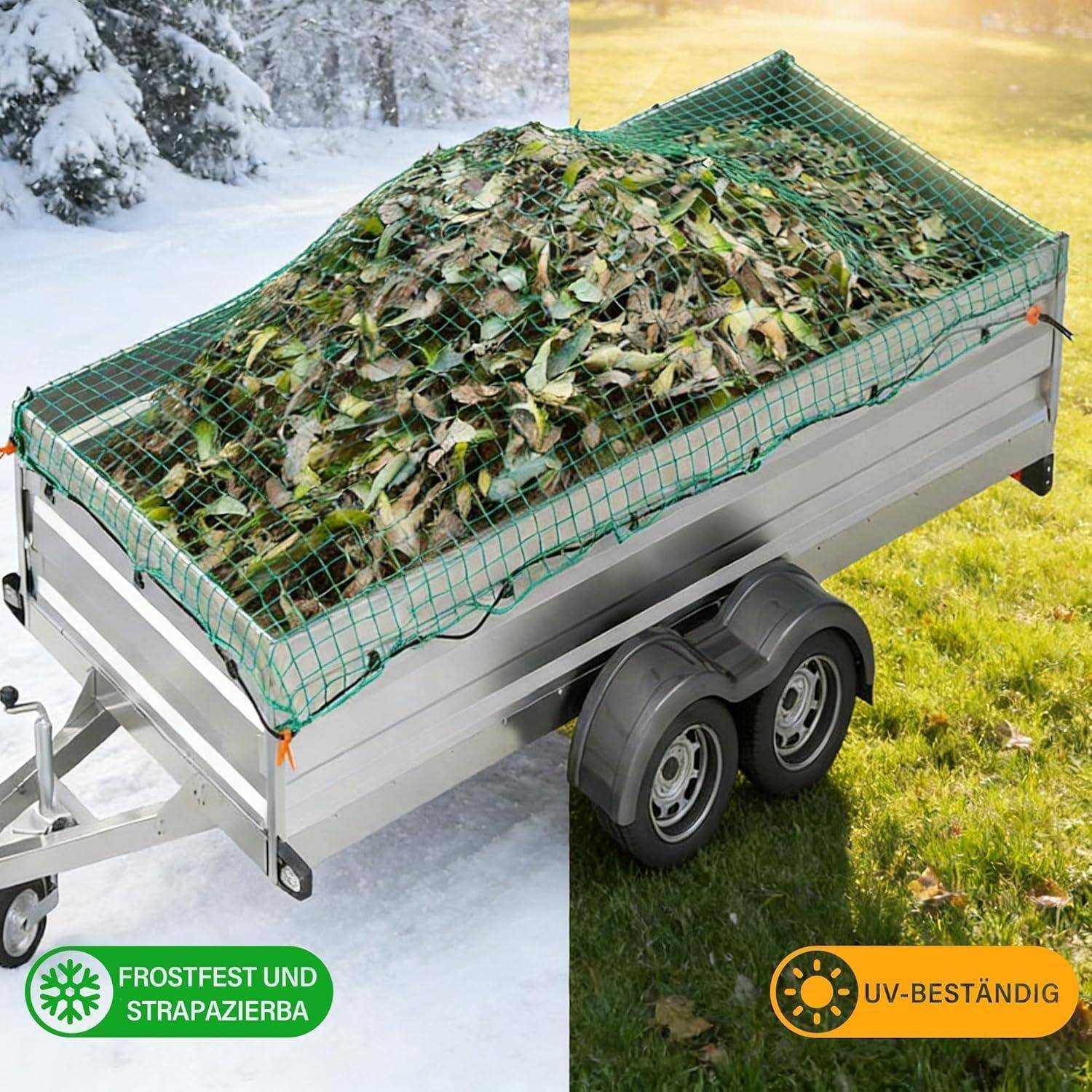 Mit Plane bedeckter Nutzanhänger voller Blätter, dargestellt aufgeteilt zwischen verschneitem Winter und sonnigem Sommer, um Frostbeständigkeit und UV-Beständigkeit anzudeuten.