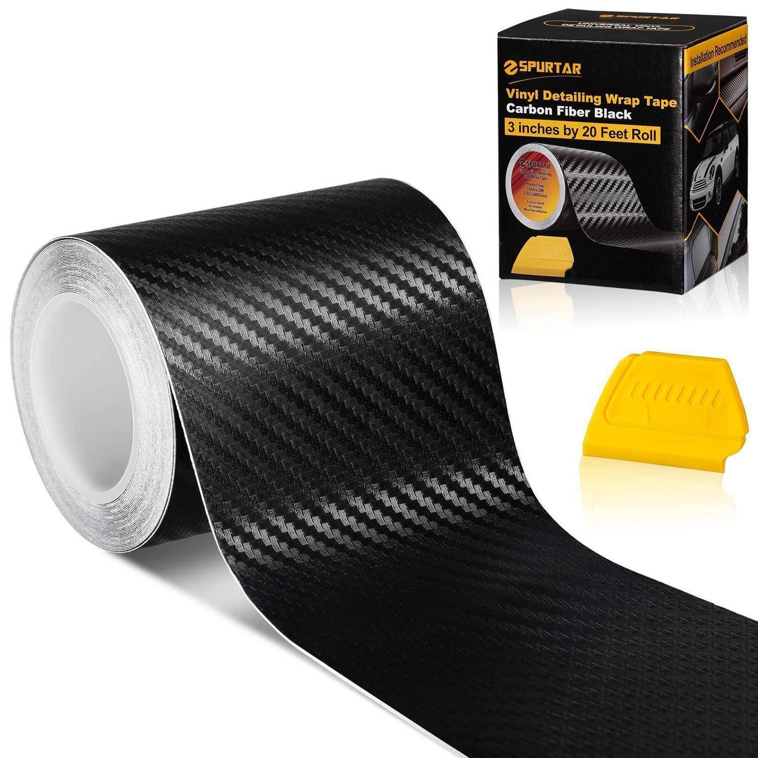 Schwarze Kohlefaser-Vinyl-Wrapping-Klebeband-Rolle mit Produktkarton und gelbem Rakel-Werkzeug.