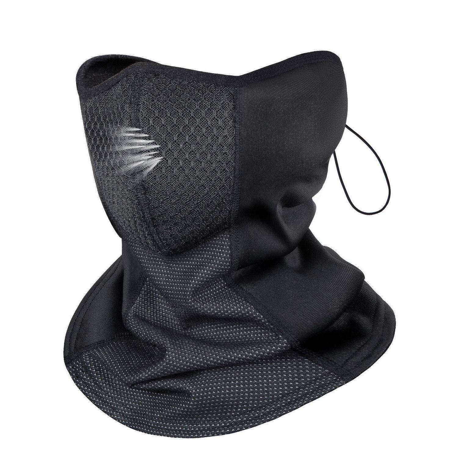 Schwarzer atmungsaktiver Halstuch oder Gesichtsmaske mit verstellbarem Kordelzug und Belüftungspanel aus Netzstoff