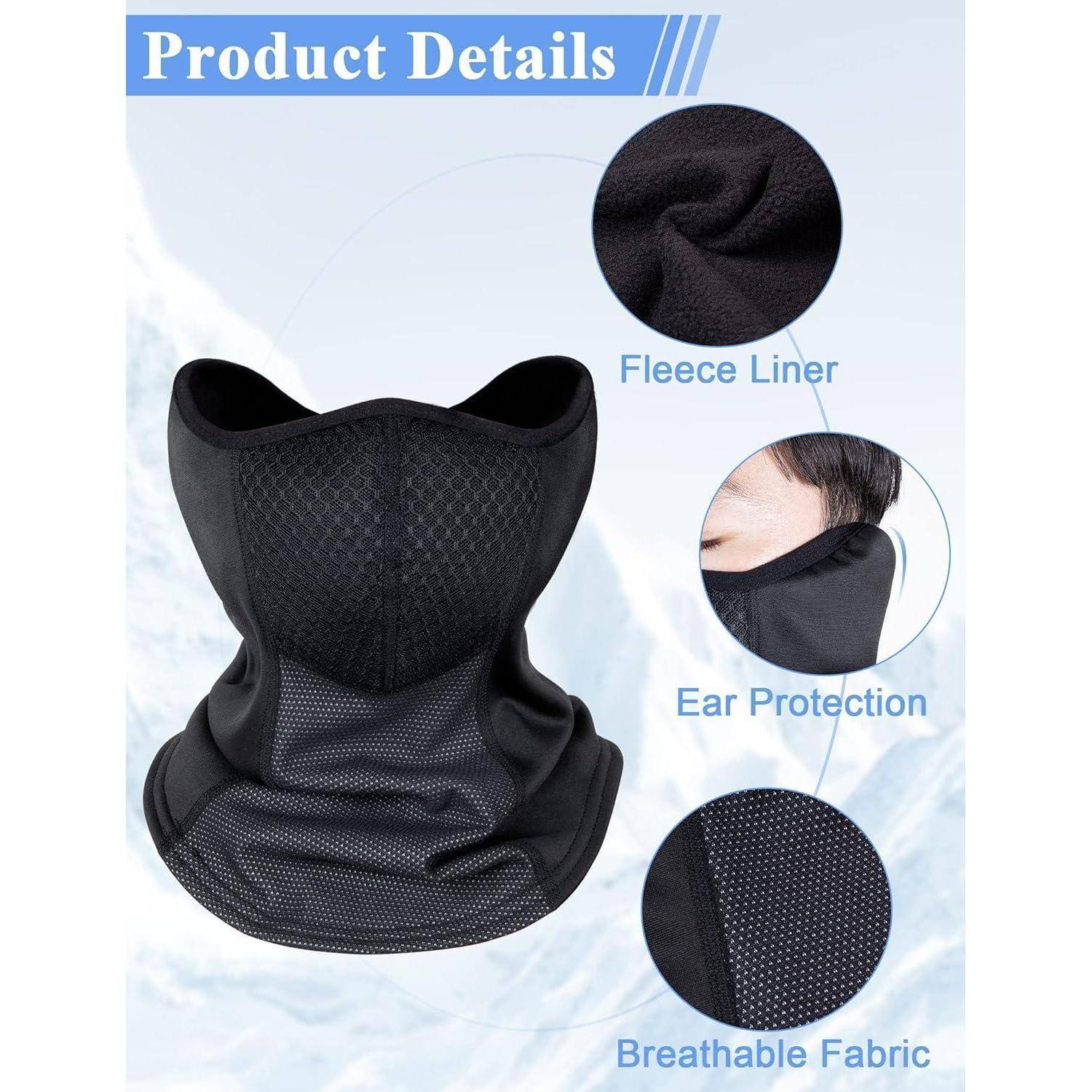 Produktdetailbild einer schwarzen Winter-Gesichtsmaske/Nackenmanschette mit Fleecefutter, Ohrenschutz und atmungsaktivem Stoff.