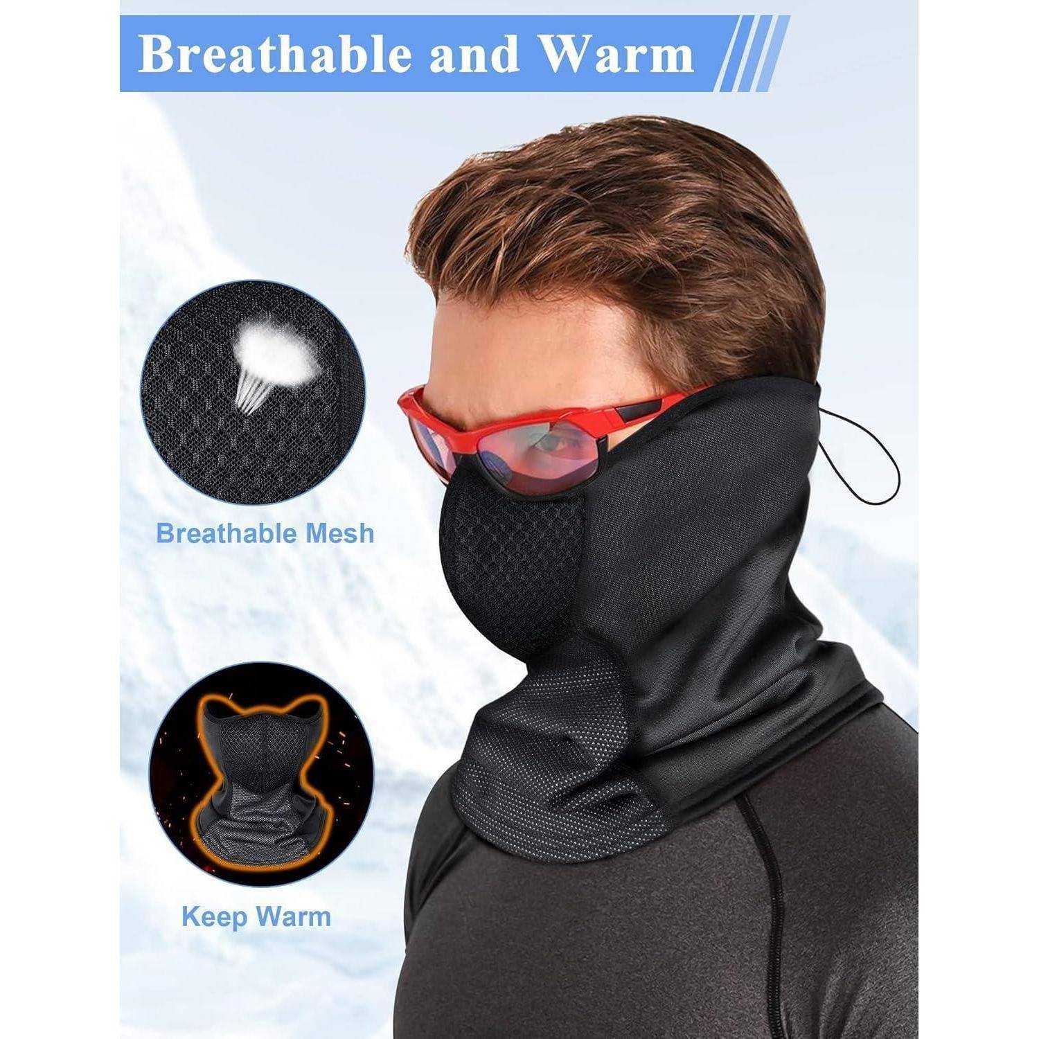 Mann, der eine schwarze atmungsaktive thermische Gesichtsmaske und einen Nackenflächenriemen mit roter Brille trägt; Der Text besagt „Atmungsaktiv und warm