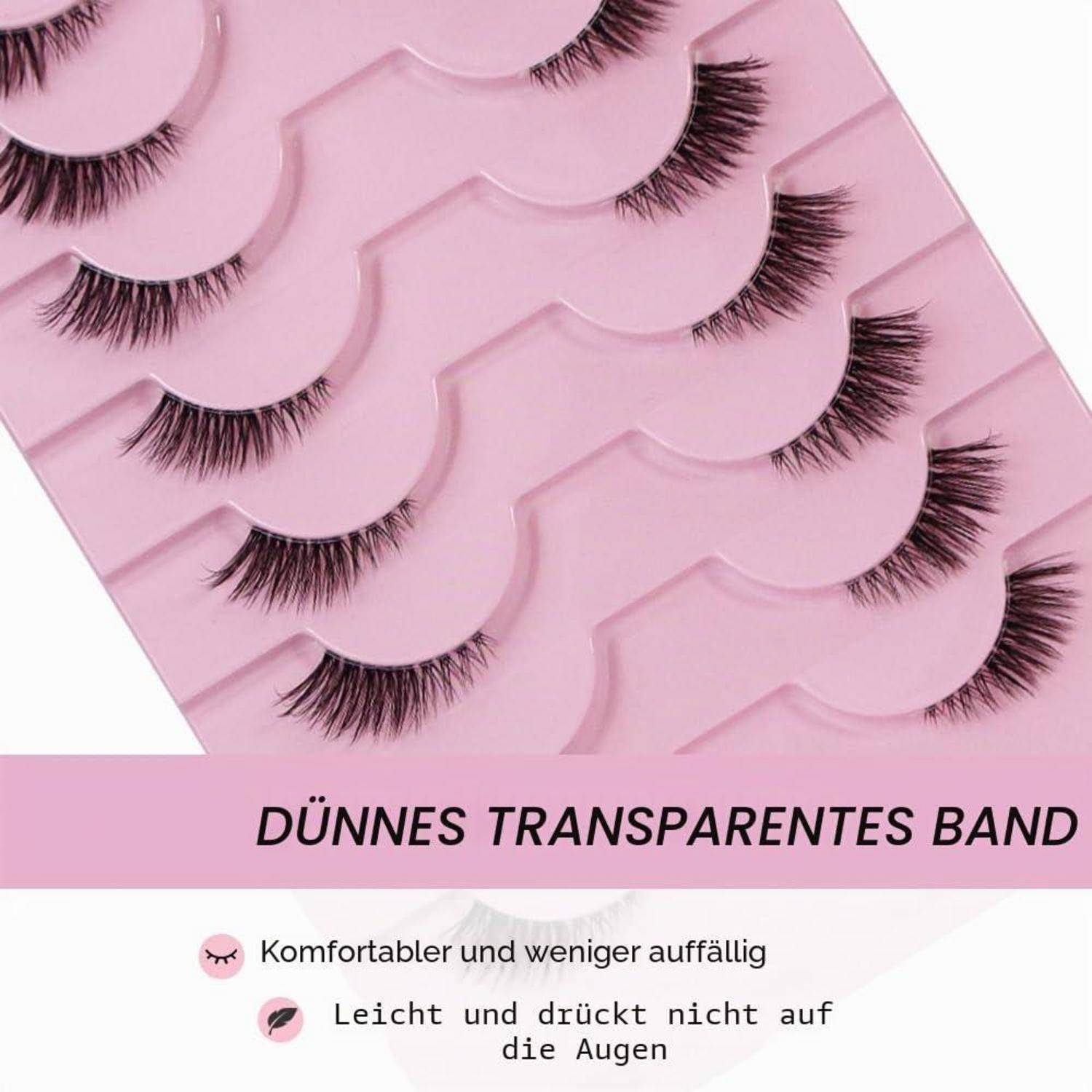Rosa künstliche Wimpern in einem Tablett angeordnet, mit deutschem Text „DÜNNES TRANSPARENTES BAND