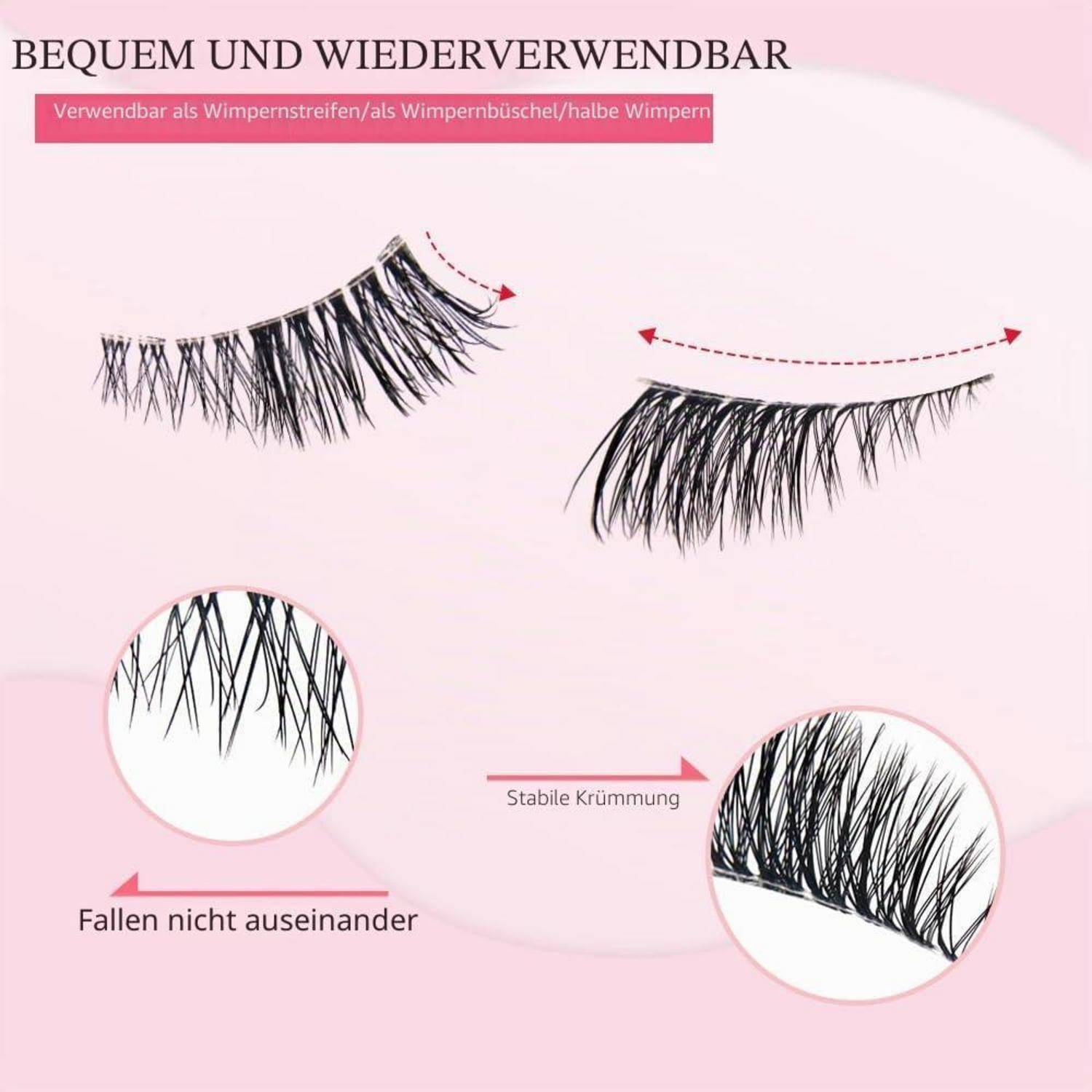 Werbegrafik für wiederverwendbare künstliche Wimpern, die geschwungene Wimpernbänder, Nahaufnahmen dichter Fasern und deutsche Beschriftungen über stabilen Halt und Haltbarkeit zeigt.