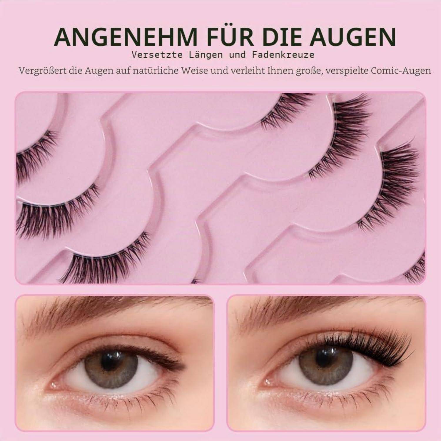 Rosafarbene Produktanzeige für künstliche Wimpern, die geschichtete Wimpernstreifen und Vorher-Nachher-Fotos von Augen mit längeren, volleren Wimpern zeigt.