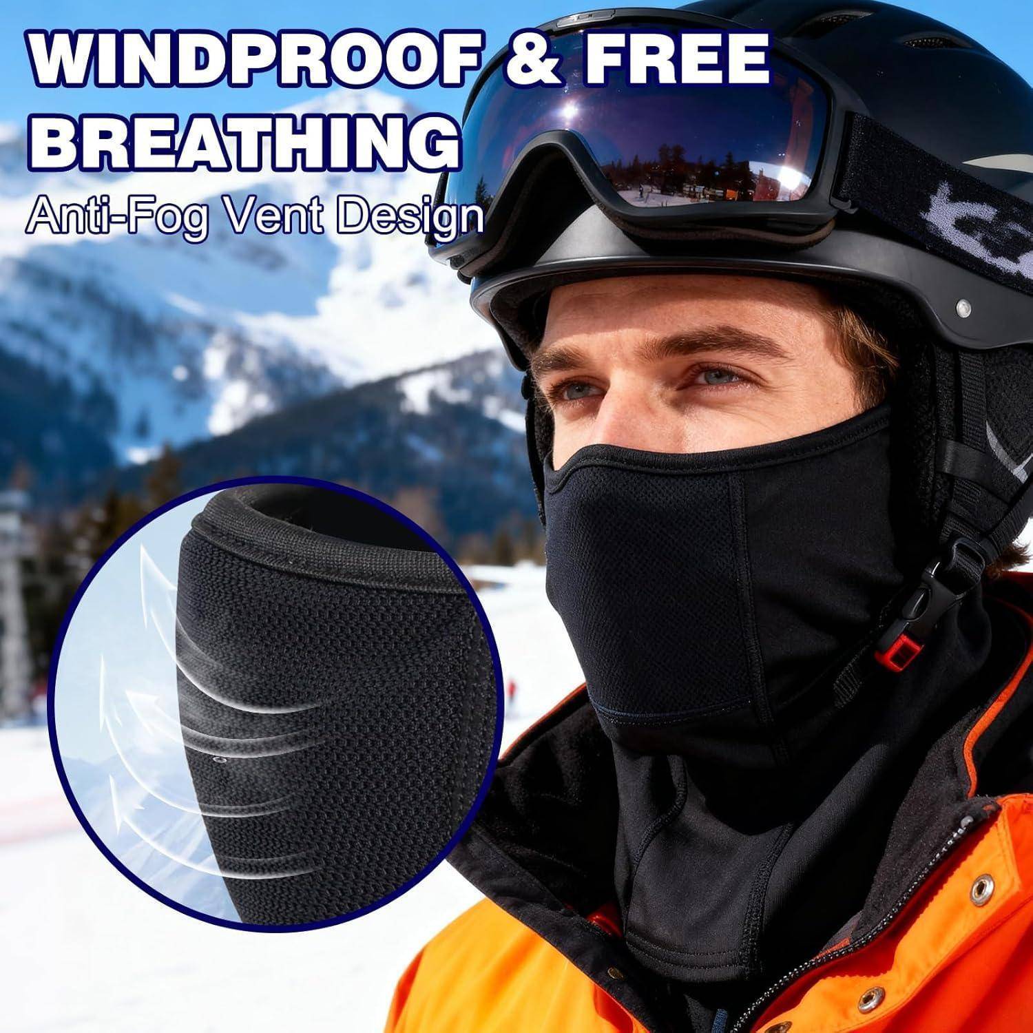 Skifahrer mit Helm, der eine schwarze Gesichtsmaske und eine orangefarbene Jacke trägt; eine vergrößerte Nahaufnahme hebt das Anti-Beschlag-Lüftungsdesign hervor. Der Text besagt „WINDPROOF & FREE BREATHING