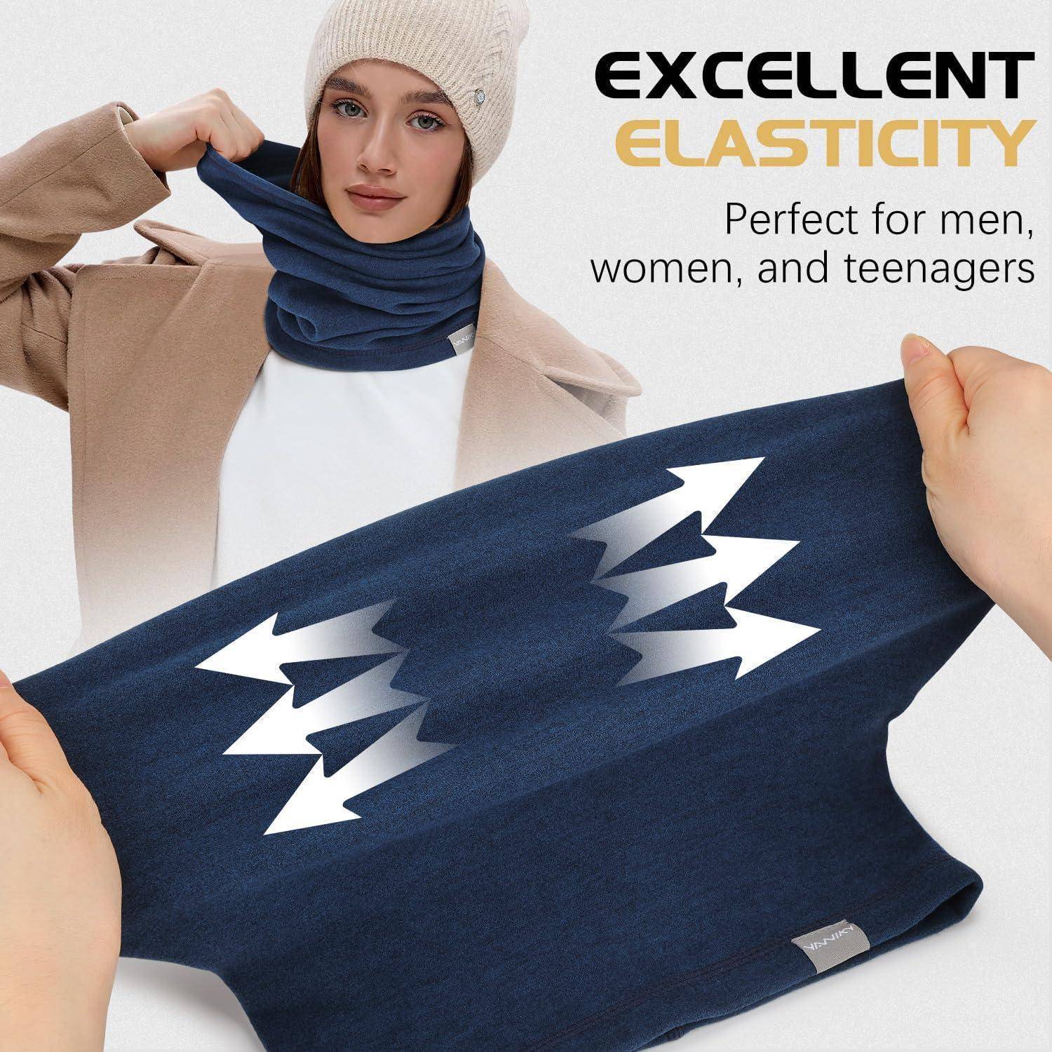 Modell trägt einen dunkelblauen Nacken-Gaiter; Text sagt "HERVORRAGENDE ELASTIZITÄT"" und ""Perfekt für Männer, Frauen und Jugendliche."
