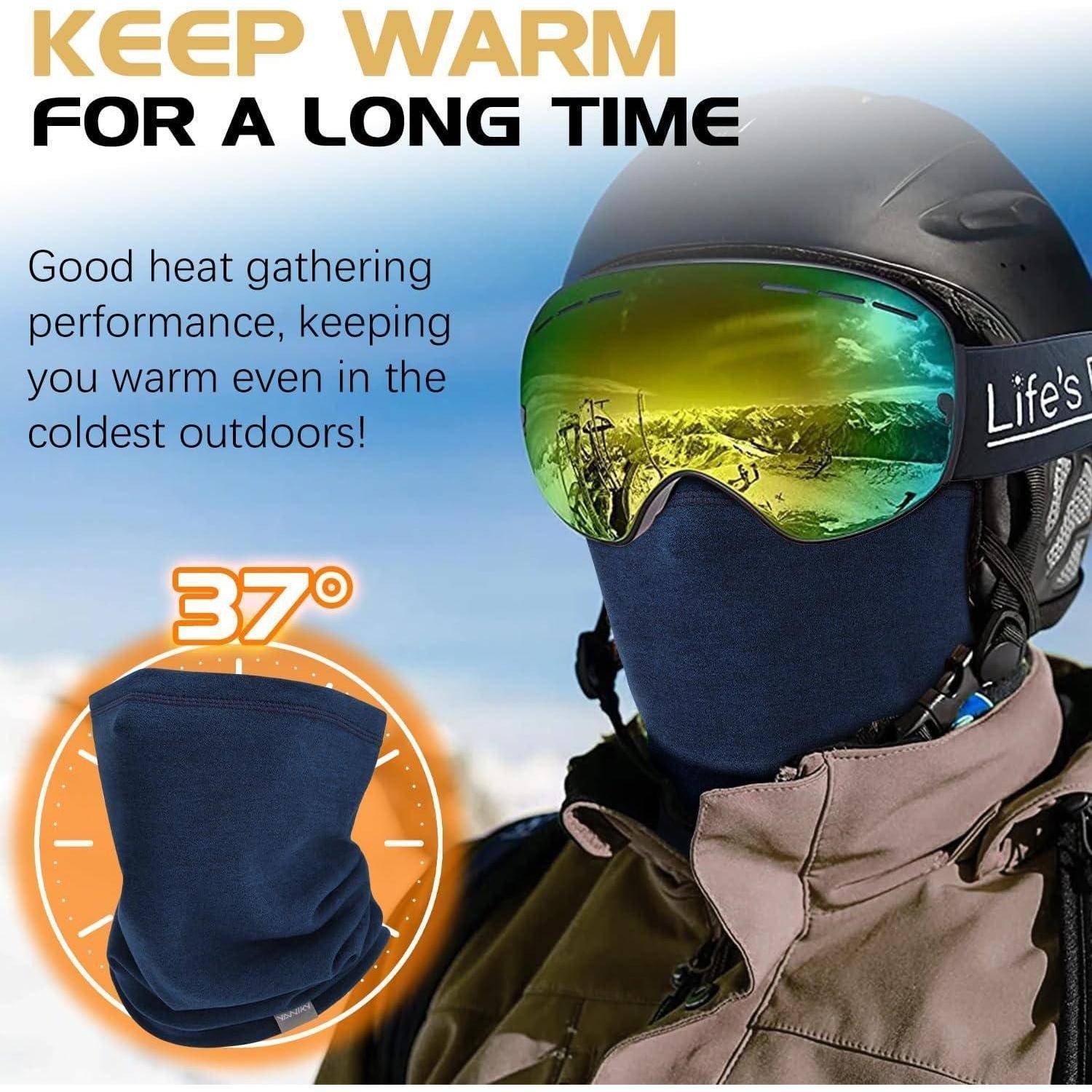 Werbebild eines Skifahrers mit Helm, Schutzbrille und Gesichtsschutz; Text besagt „LANGE WARM BLEIBEN" und „Gute Wärmespeicherleistung"" mit einer 37°-Wärmeanzeige.