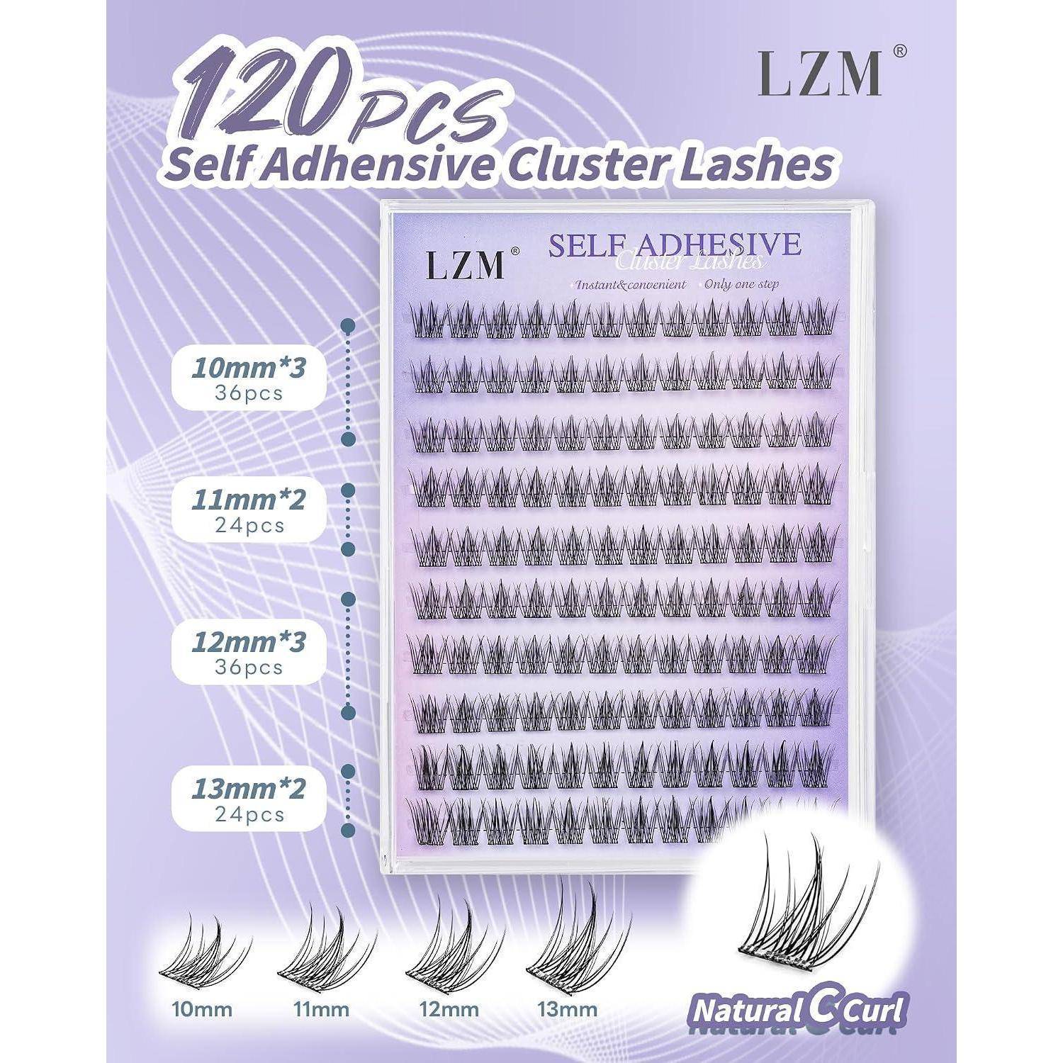 LZM selbstklebende Cluster-Wimpern-Packung mit 120 Stück in 10mm, 11mm, 12mm und 13mm natürlichen C-Curl-Stilen.