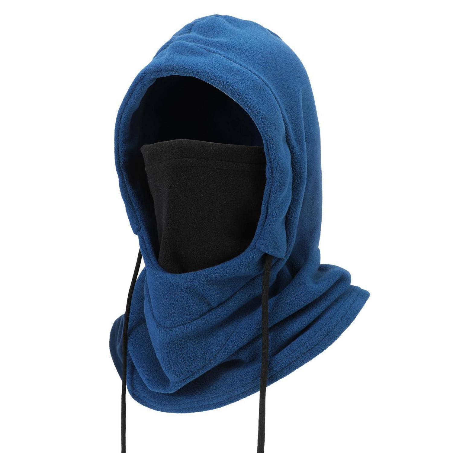 Blaue Fleece-Sturmhaube mit Gesichtsöffnung und schwarzen Zugbändern auf weißem Hintergrund.