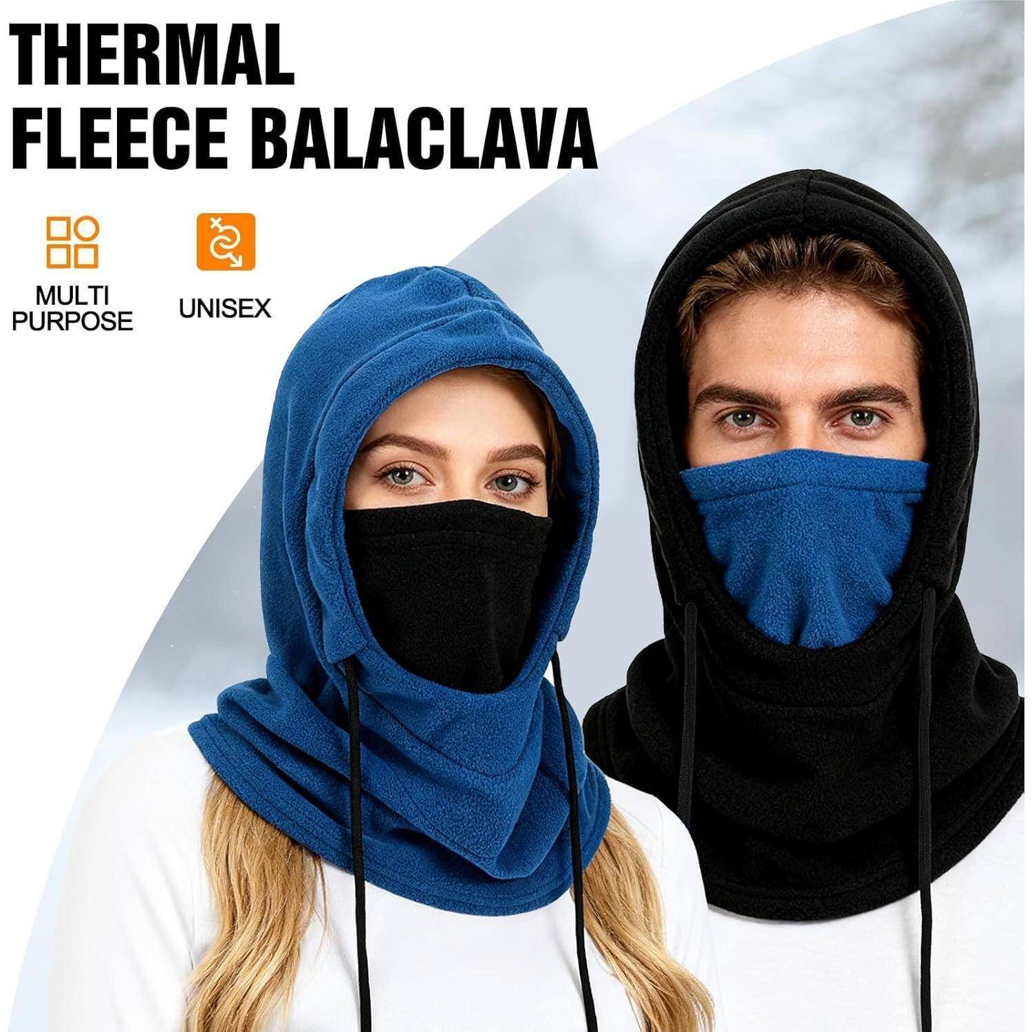 Produktbild einer thermischen Fleece-Sturmhaube, gezeigt an einer Frau in Blau und einem Mann in Schwarz, mit den Bezeichnungen „Mehrzweck
