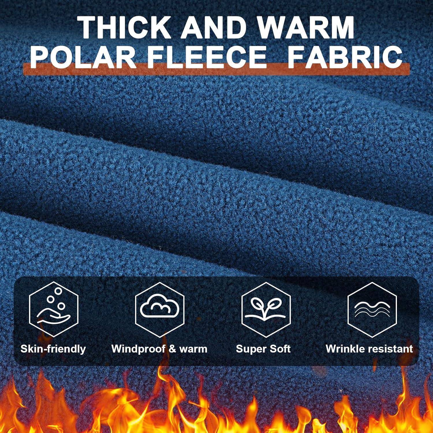 Blaues Polar-Fleece-Stoff in Nahaufnahme mit dem Text „DICKES UND WARMES POLAR-FLEECE-STOFF" und Funktionssymbolen für hautfreundlich, winddicht und warm, überweich und knitterresistent.