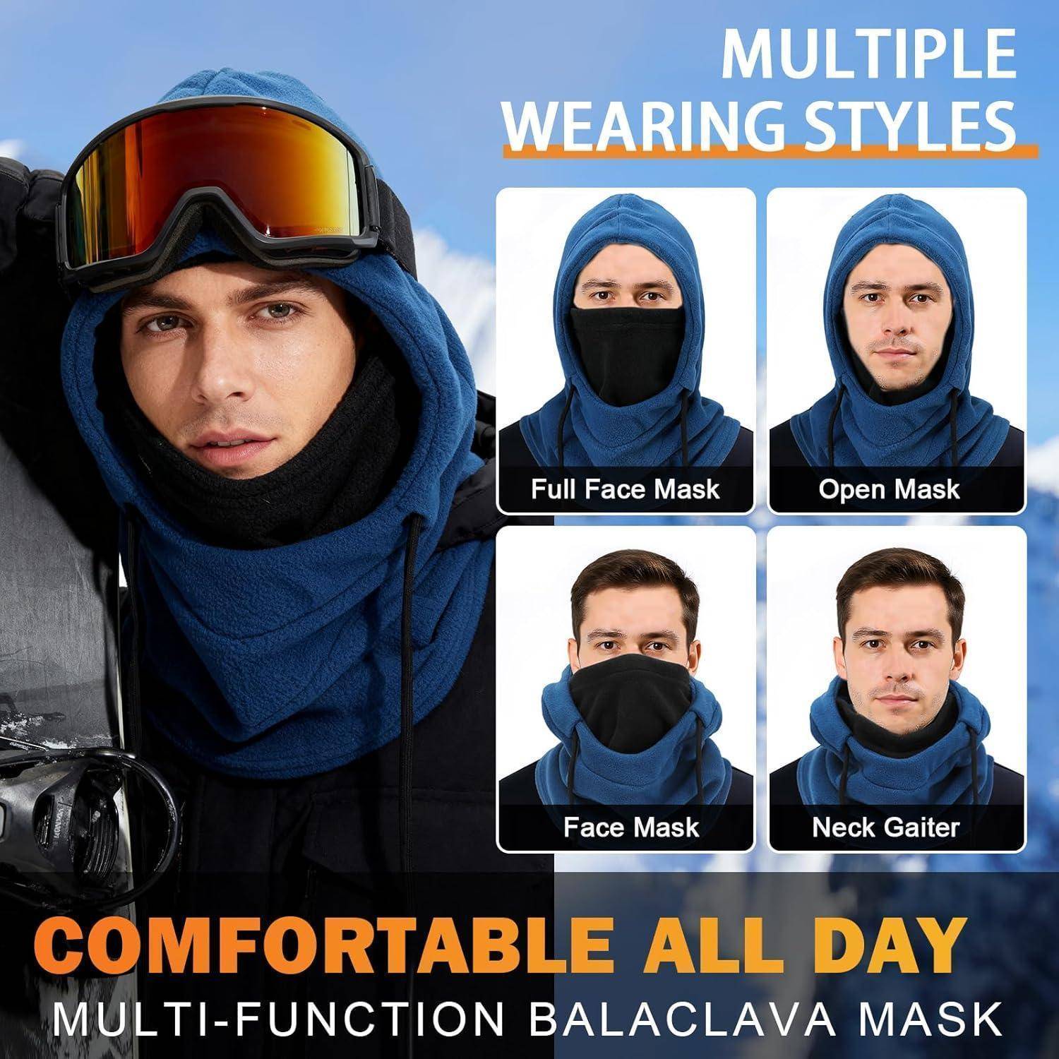 Produktbild einer blauen Multifunktions-Sturmhaube, die auf vier Arten getragen wird: Vollflächenmaske, offene Maske, Gesichtsmaske und Nackenmanschette, mit dem Text „Den ganzen Tag über bequem".