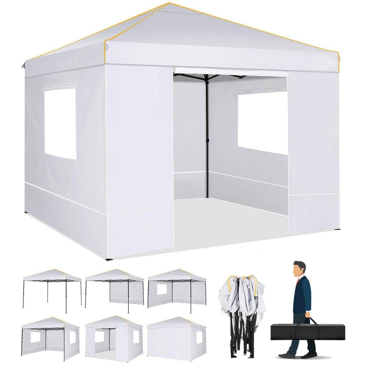 Weißes Pop-Up-Pavillon-Zelt mit Seitenwänden, Fenstern und offener Front, gezeigt mit kleineren Ansichten, einem zusammengefalteten Zelt und einem Mann mit einer Aufbewahrungstasche zum Größenvergleich.