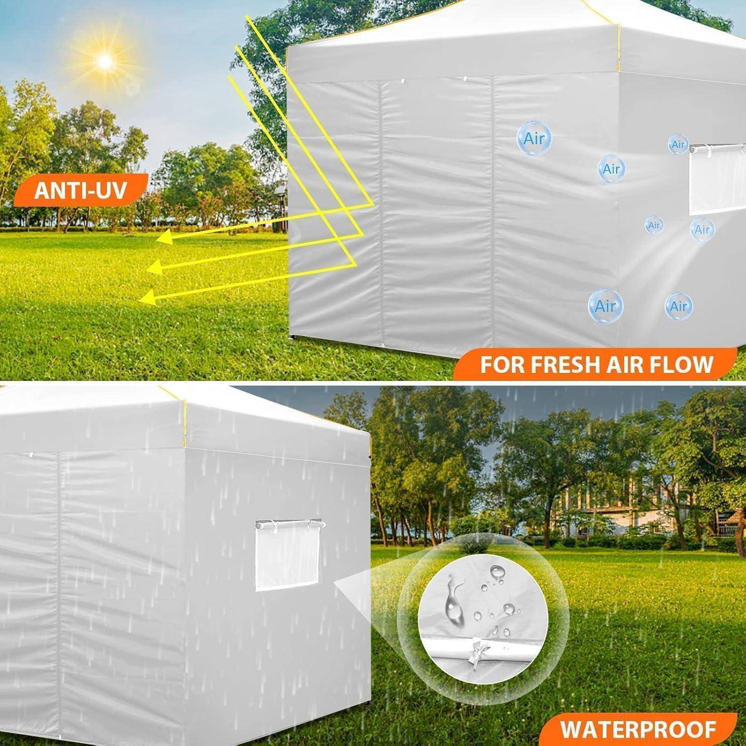 Illustration eines weißen Outdoor-Pavillon-Zelts mit UV-Schutz, Frischluftströmung und wasserdichten Eigenschaften, mit Sonnenstrahlen, Luftstromspfeilen und Regenschutz.