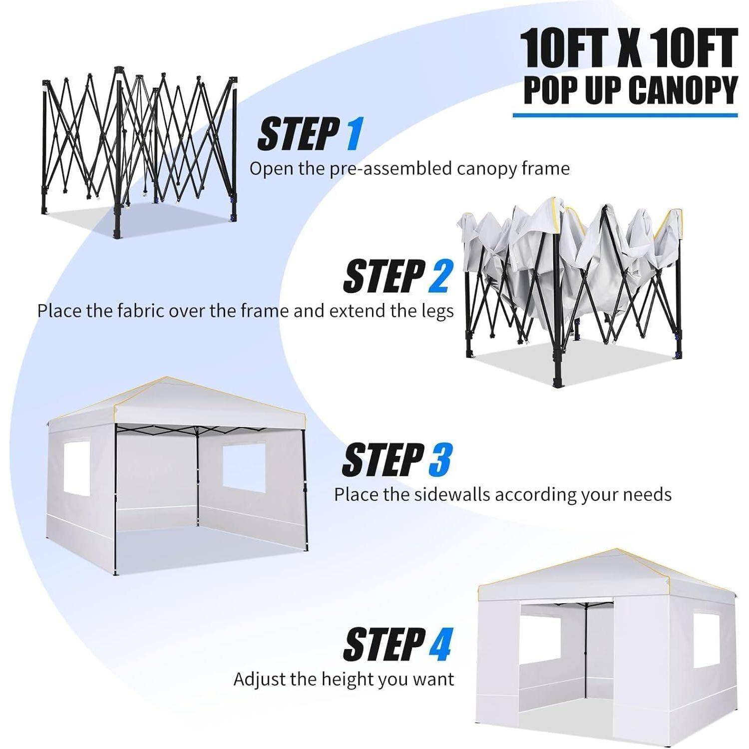 Anleitung für ein 10x10 Fuß Pop-Up-Zelt: Schritt 1 Rahmen öffnen, Schritt 2 Mit Stoff abdecken und Beine ausfahren, Schritt 3 Seitenwände hinzufügen, Schritt 4 Höhe einstellen.