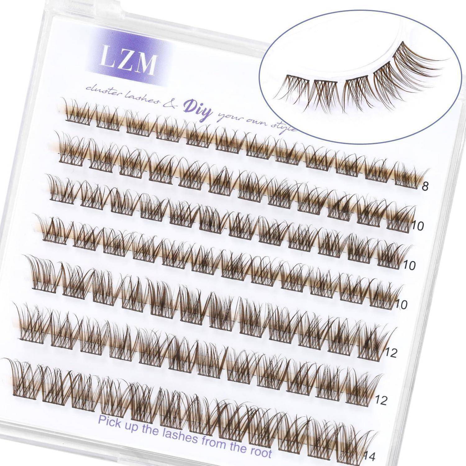 LZM DIY-Wimpernverlängerungstablett zeigt Reihen von künstlichen Wimpern in unterschiedlichen Längen, mit einer vergrößerten Detailansicht von Wimpernbüscheln und der Anweisung „Wimpern von der Wurzel aufnehmen