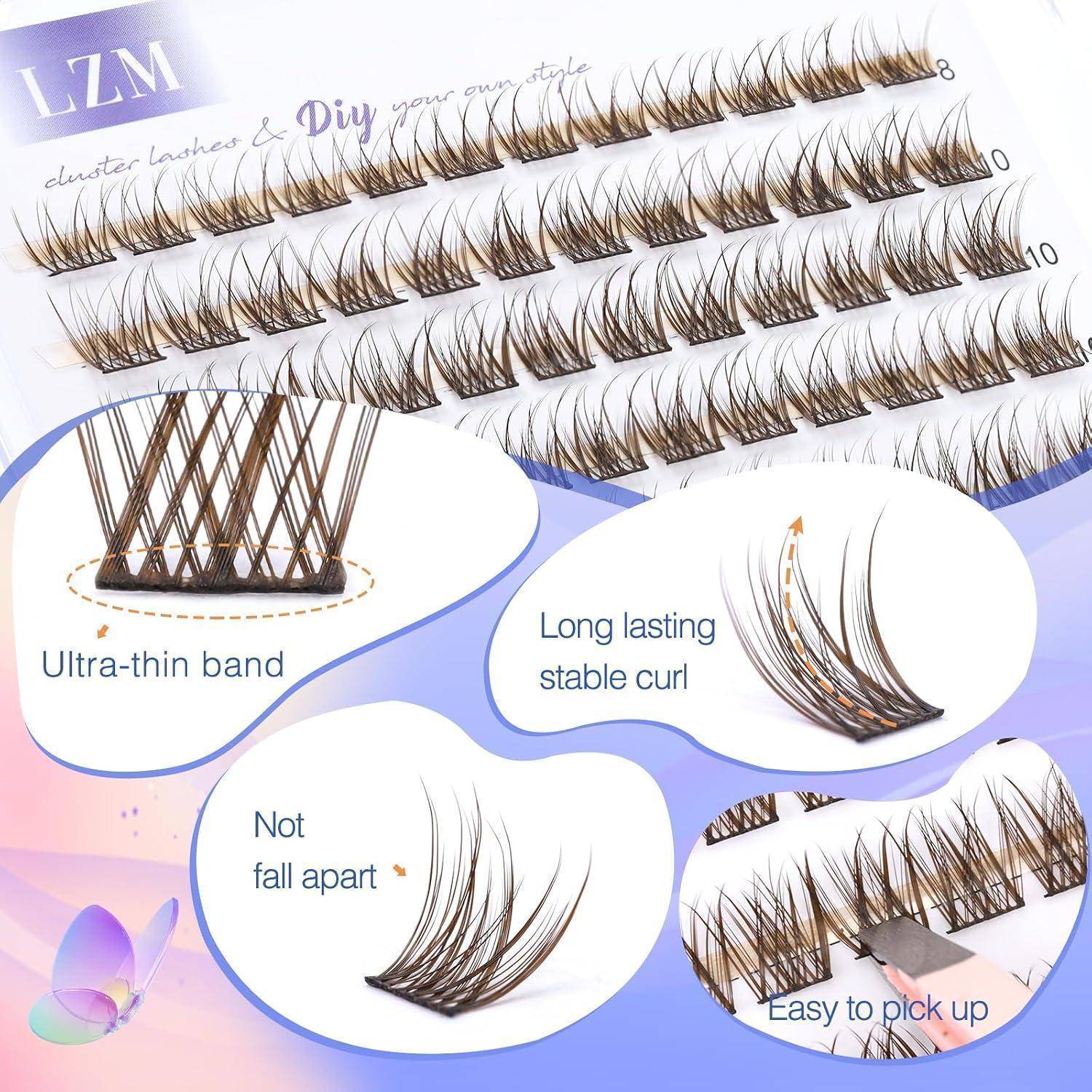 Werbe-Grafik für LZM-Cluster-Wimpern mit Wimpernreihen in den Längen 8, 9 und 10, mit Beschriftungen für ultrafeines Band, langanhaltender stabiler Schwung, zerfällt nicht, und leicht aufzugreifen.