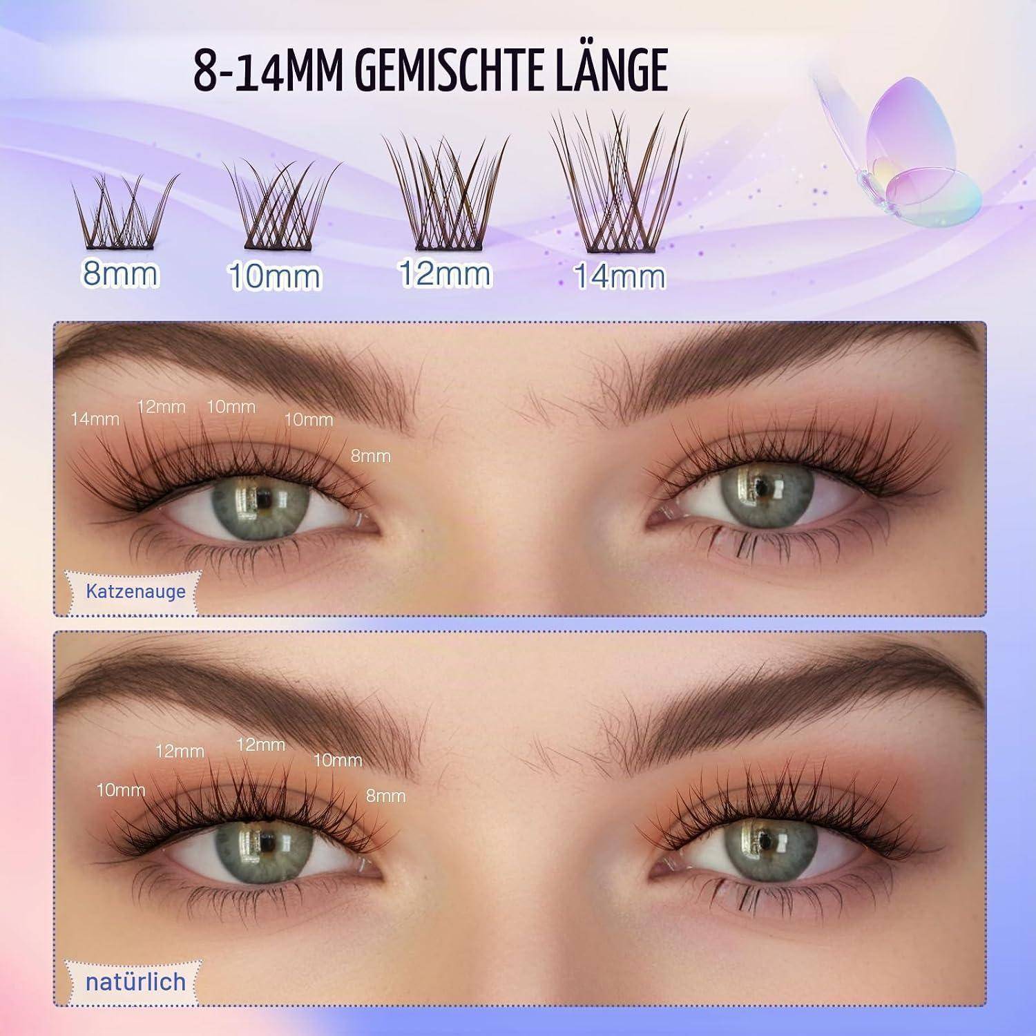 Infografik zeigt Wimpernverlängerungslängen 8mm, 10mm, 12mm und 14mm, mit Vorher-Nachher-Augenbeispielen beschriftet mit „Katzenauge