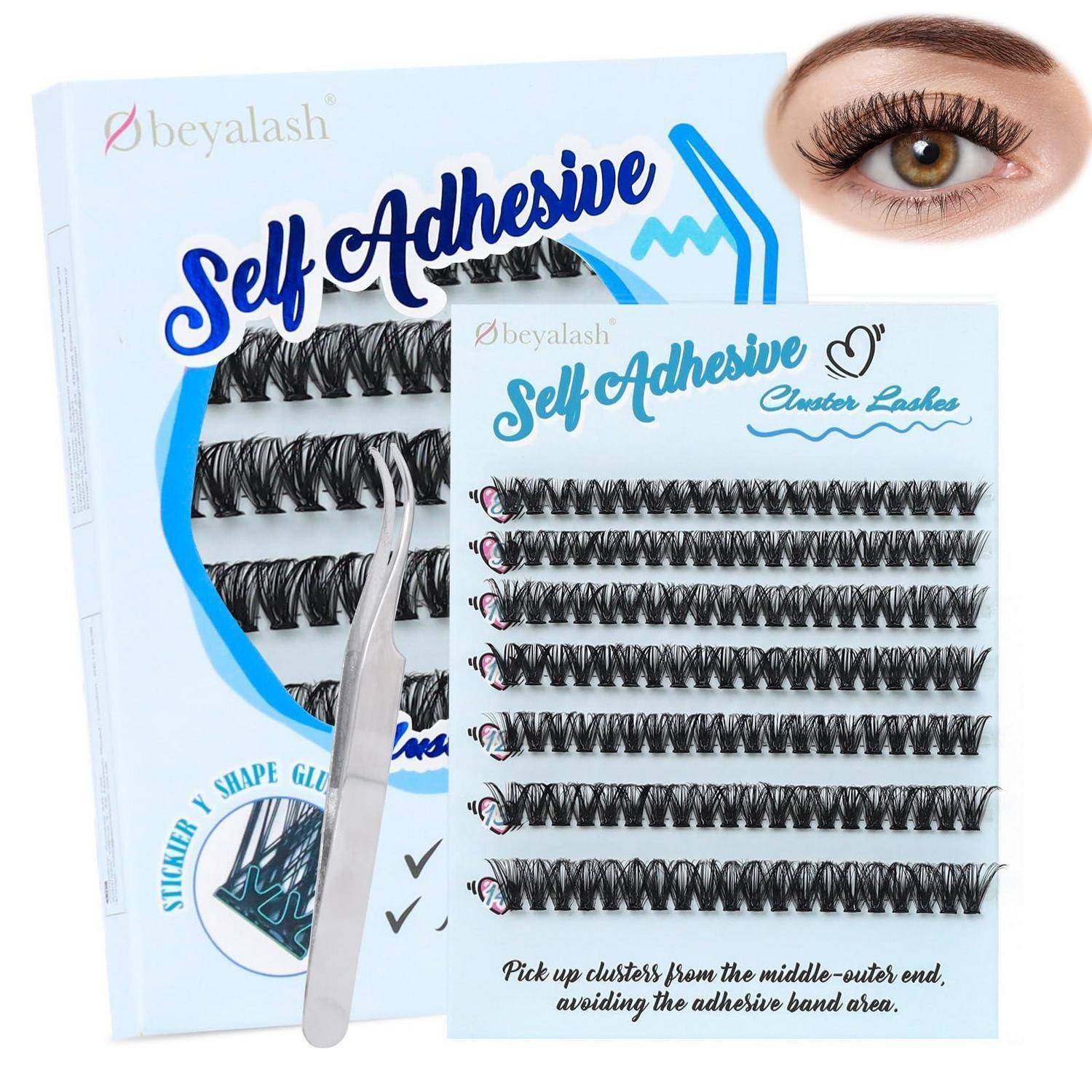 Selbstklebende Wimperncluster-Kits in Verpackung mit Pinzette und Nahaufnahme-Augenvorschau, die mehrere Wimpernstreifen zur Anwendung zeigen.