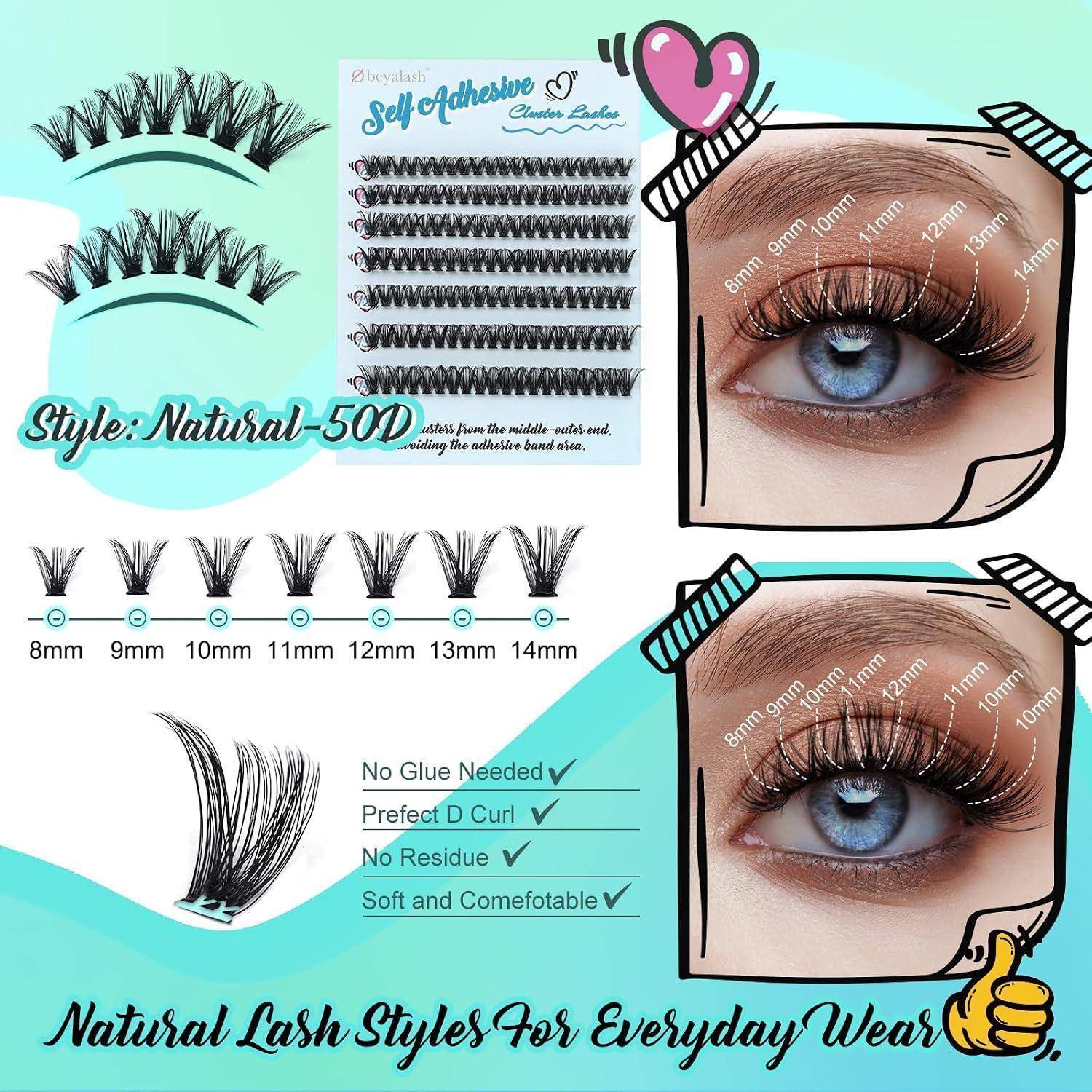 Werbegrafik für selbstklebende künstliche Wimpern, zeigt den Stil Natural-50D, Wimpernlängen 8mm-14mm und Nahaufnahmen von Augen, die Anwendung und Passform demonstrieren.