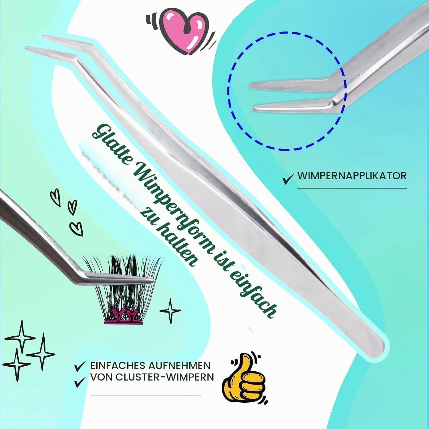 Instruktionsgrafik, die einen flachen Wimpernapplikator mit Cluster-Wimpern zeigt, mit dem Text „Glatte Wimpernform ist einfach zu halten