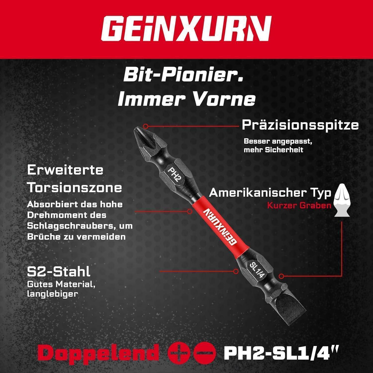 GEINXURN Schraubendreher-Aufsatz-Anzeige mit einem PH2-SL1/4''-Aufsatz mit beschrifteten Merkmalen: Präzisionsspitze, erweiterter Torsionsbereich, S2-Stahl und amerikanisches Kurzshankeldesign.