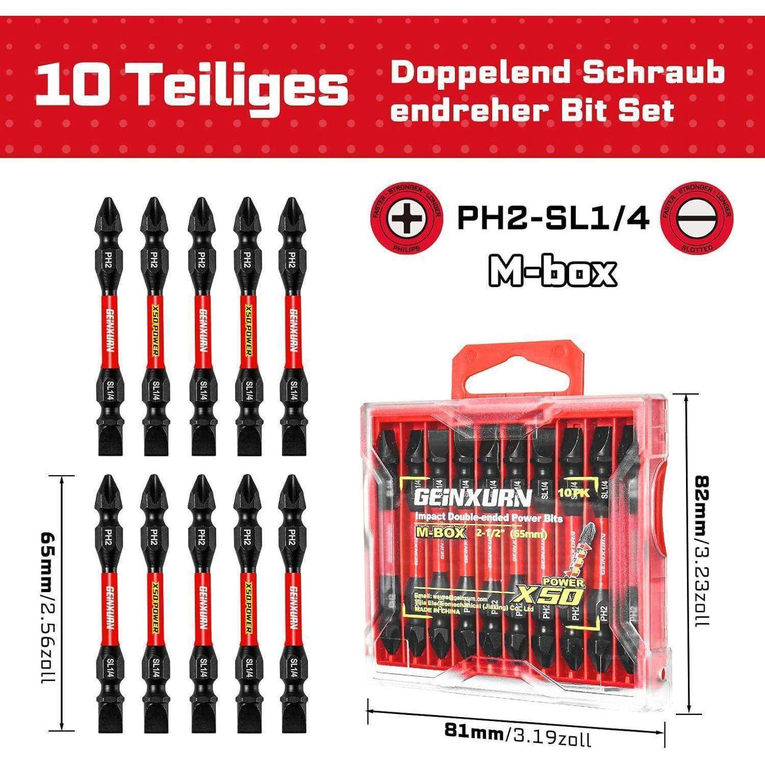 Produktbild eines 10-teiligen doppelseitigen Schraubendreher-Bits in einer M-Box, gekennzeichnet als PH2-SL1/4, mit angezeigten Abmessungen und Bittypen.