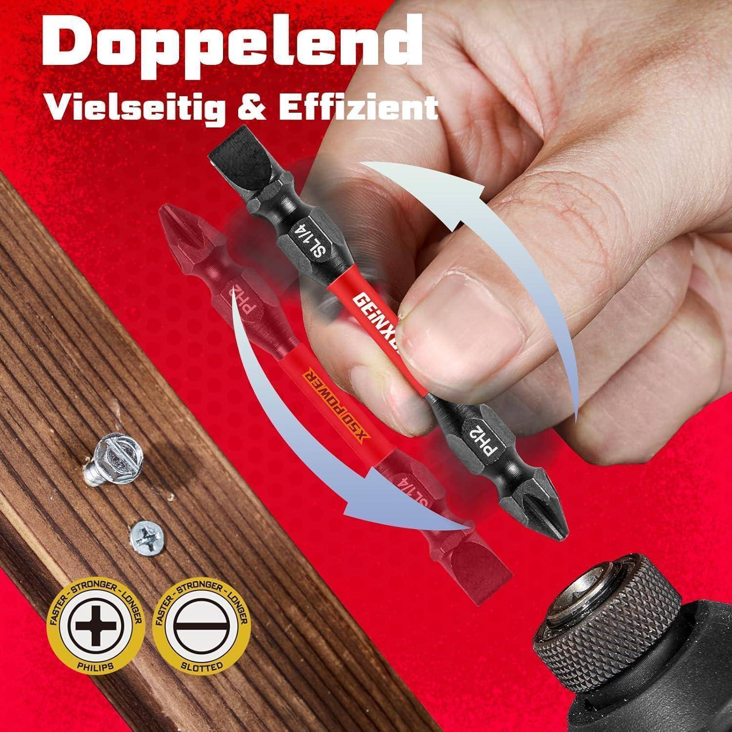 Hand hält einen umkehrbaren Schraubendreherbit mit der Aufschrift „Doppelend Vielseitig & Effizient