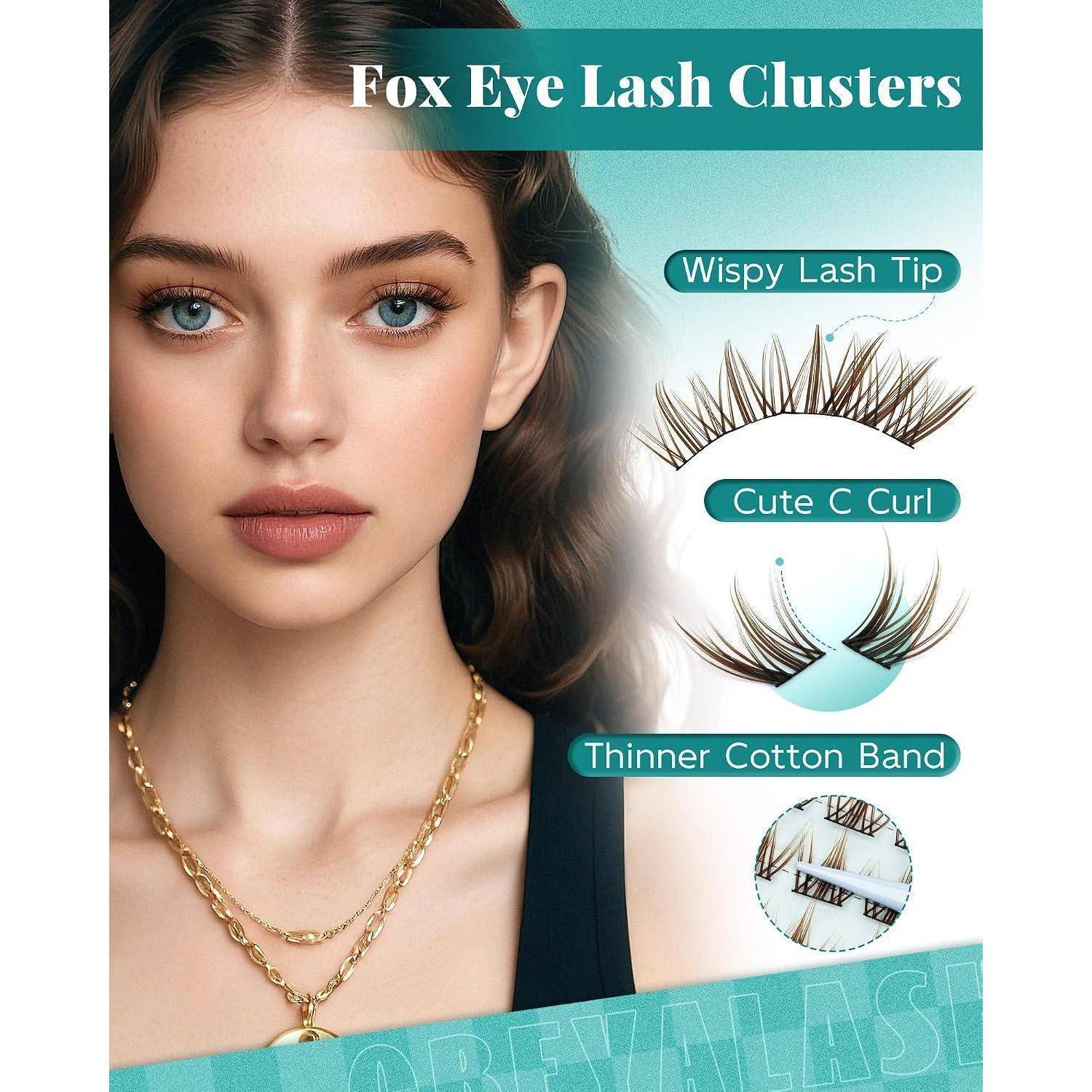 Werbegrafik einer Frau mit falschen Wimpern, mit dem Titel „Fox Eye Lash Clusters