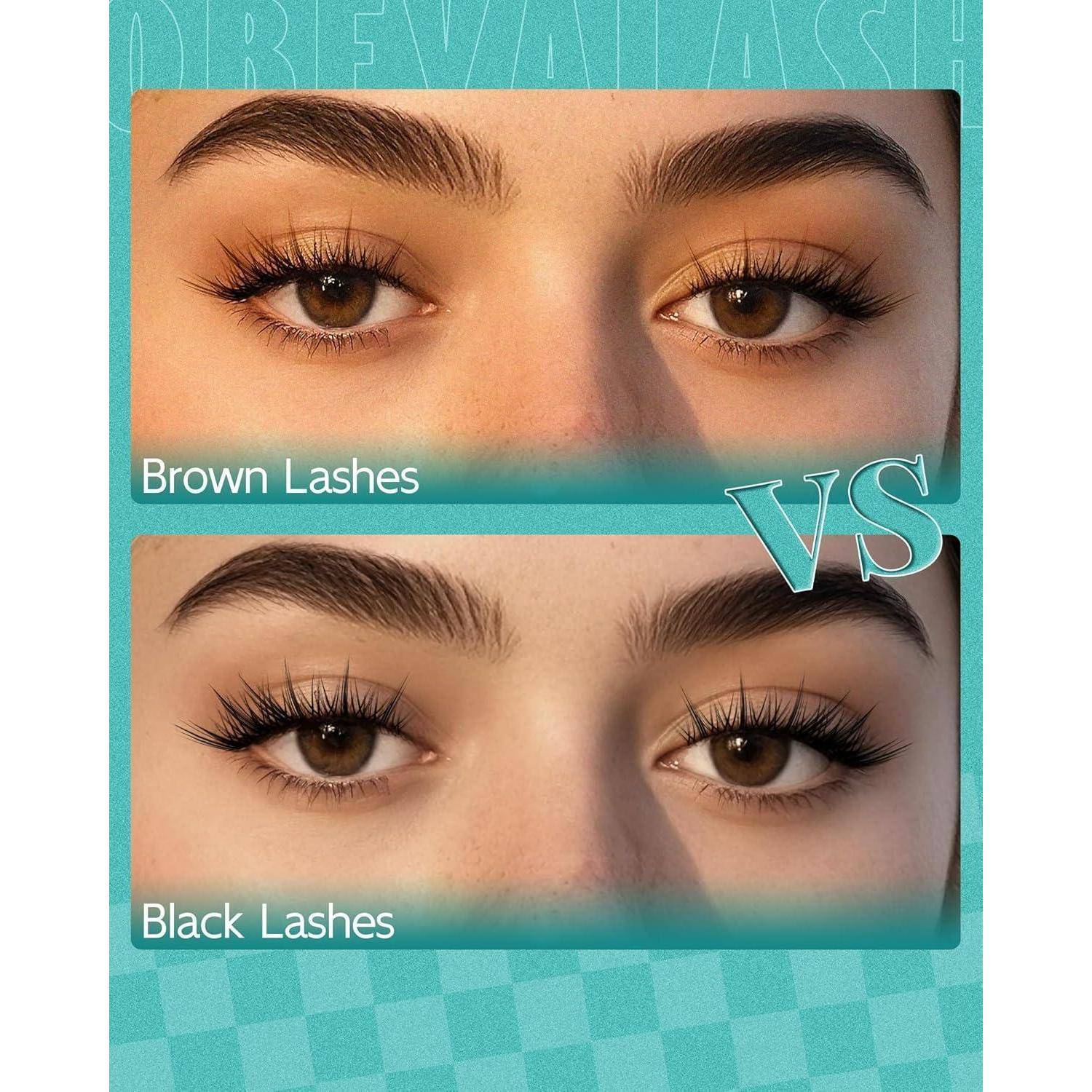 Vergleichsbild von Augen mit braunen Wimpern gegenüber schwarzen Wimpern, wobei die schwarzen Wimpern dunkler und voller wirken.