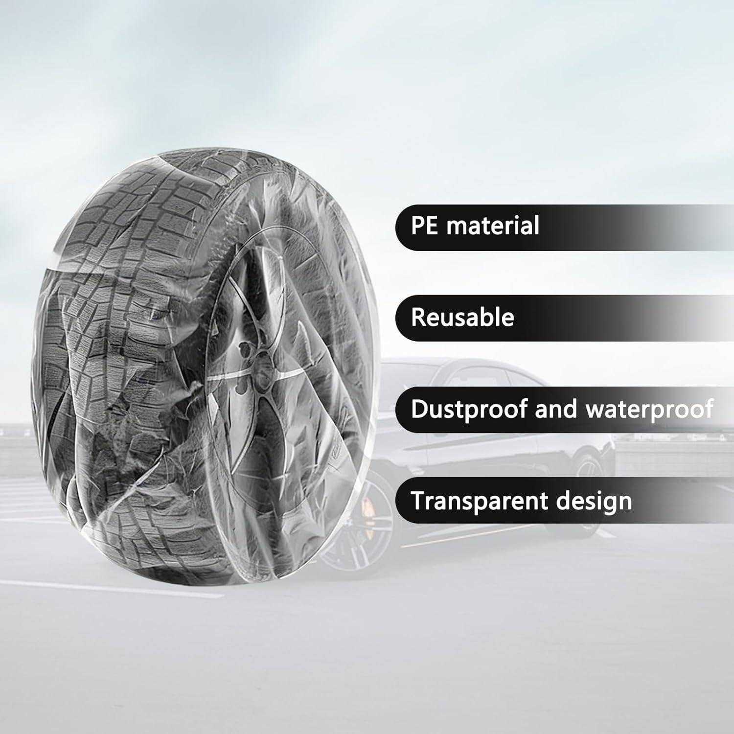 Autorreifen mit transparenter PE-Schutztasche; Text hebt wiederverwendbares, staubdichtes, wasserdichtes und transparentes Design hervor.